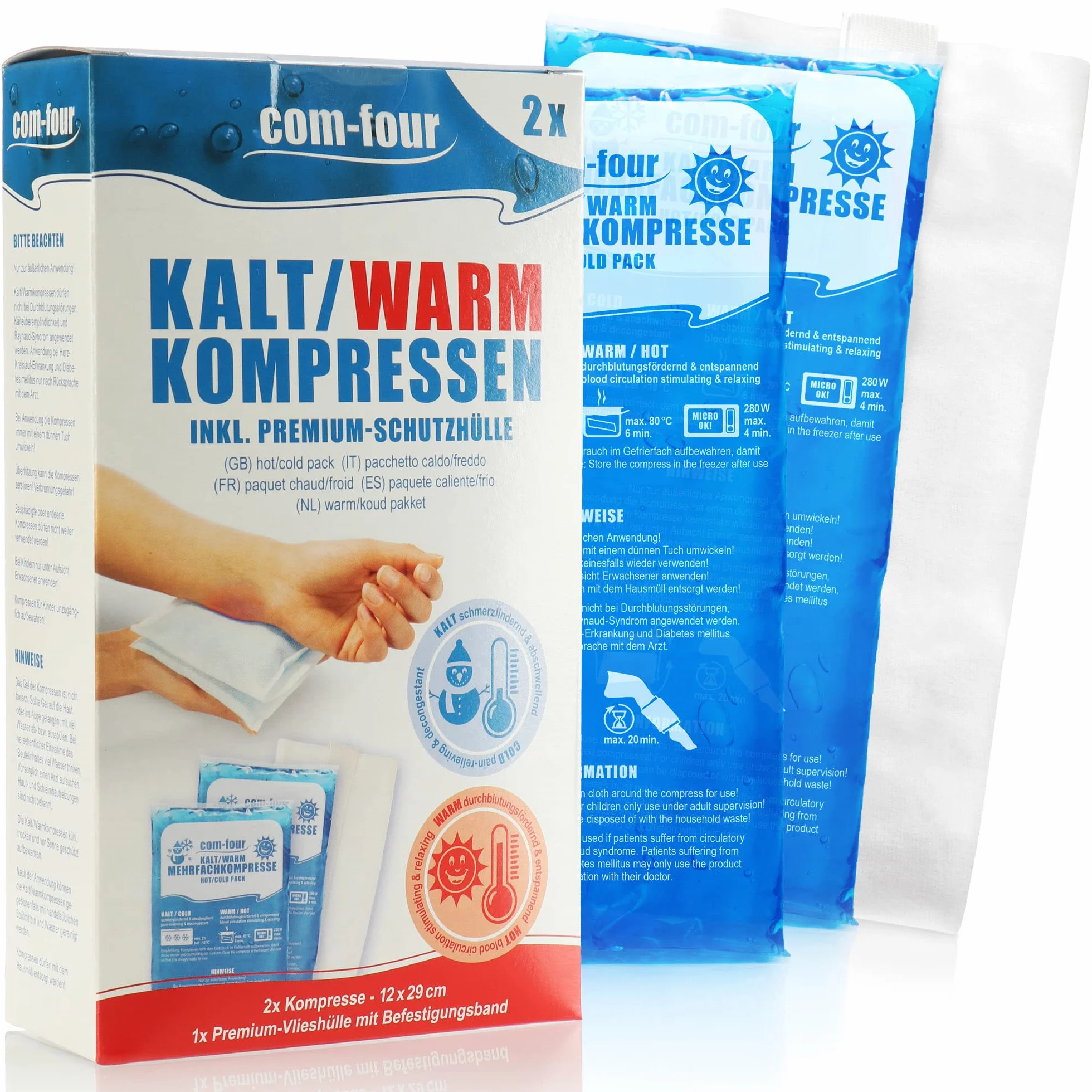 Com-four compresas múltiples grandes con funda polar reutilizable, compresas frías y calientes gel cool pack - Made in Germany