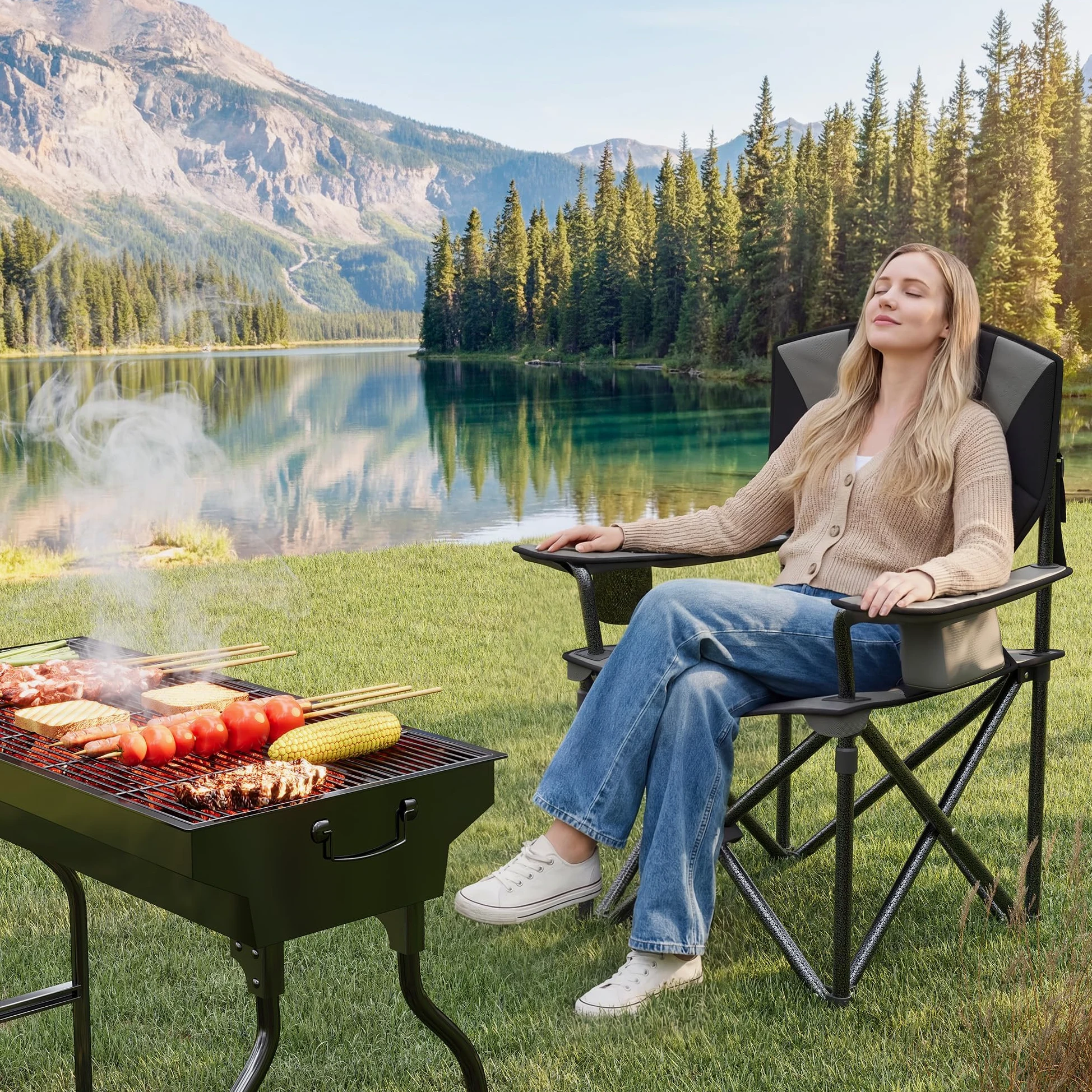 GarveeTech Sillas De Camping Plegables XXL para Adultos | Alta Resistencia y Máximo Confort - Respaldo Acolchado Alto - Soportan Hasta 200 kg - Con Portavasos, Bolsa Térmica y Bolsill