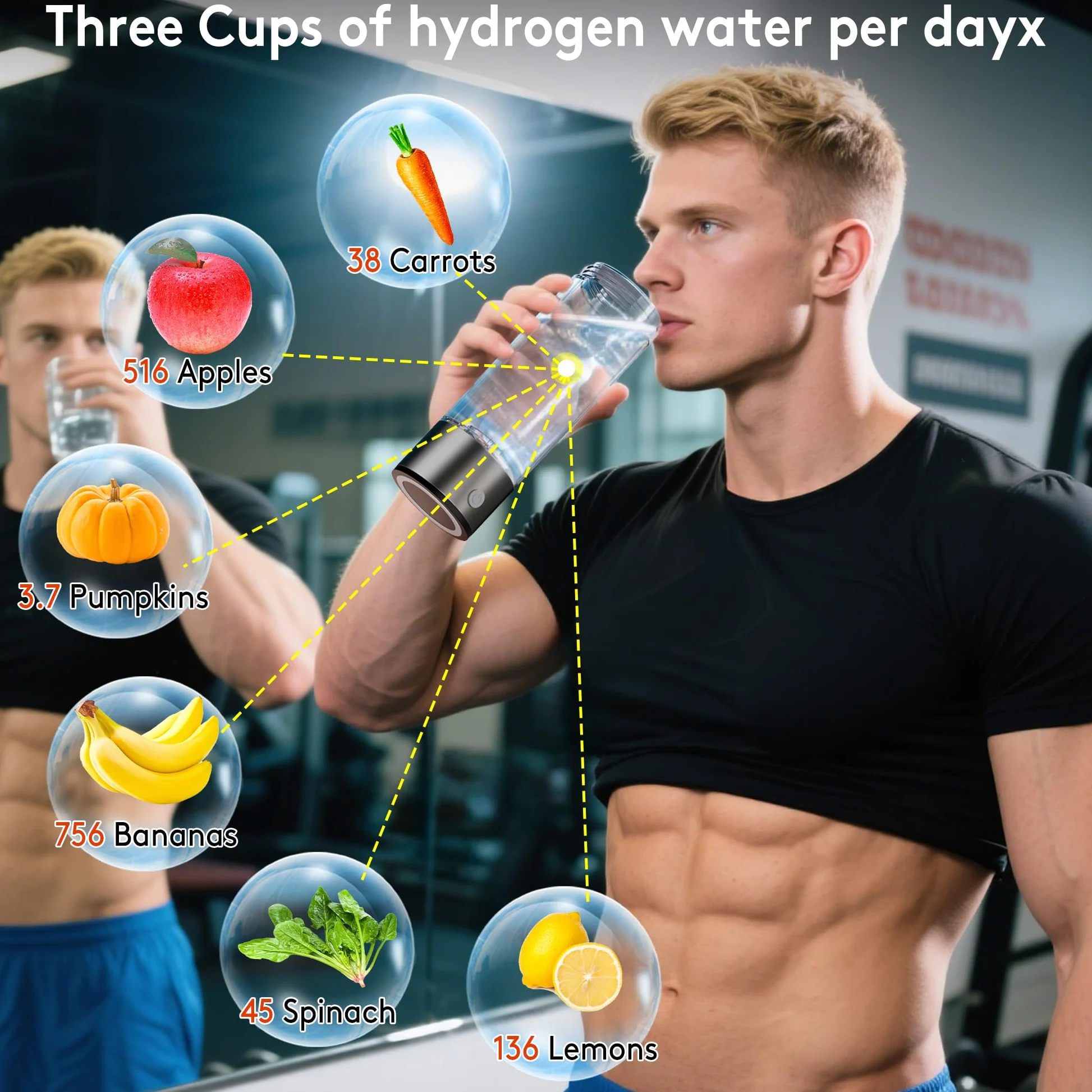 Generador de botella de agua de hidrógeno 3 en 1, marca de agua de hidrógeno de hasta 4000 PPB, SPE/PEM Tech-3 minutos rico en hidrógeno para beber e inhalar, limpieza automática, portátil para el