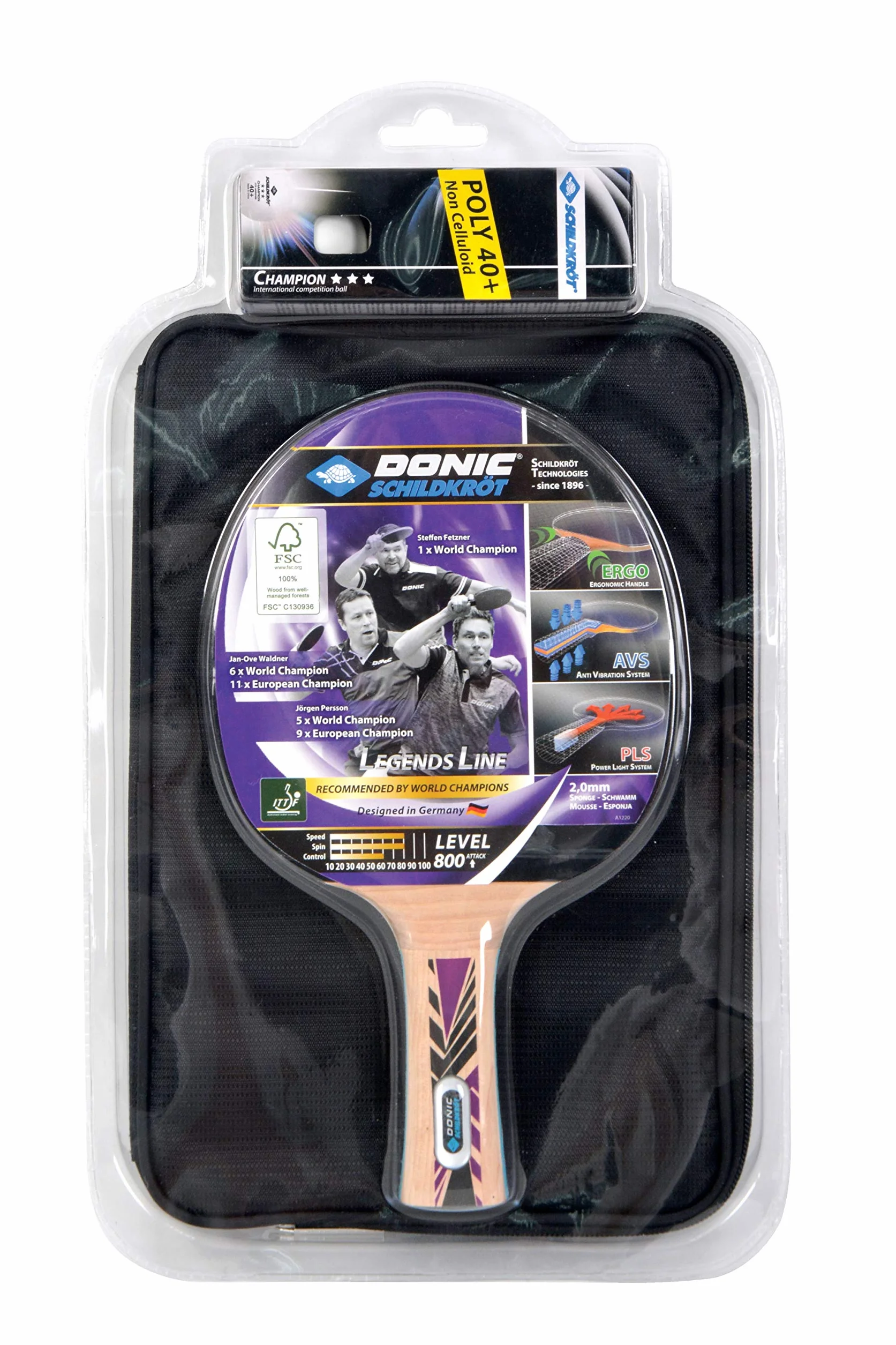 Donic-Schildkröt Set de Tenis de Mesa Legends 800 FSC | Raqueta Profesional con Tecnología AVS/PLS | Goma Aprobada por ITTF | Incluye Funda y 3 Pelotas 3 Estrellas | Ideal para Jugadores Avanzados