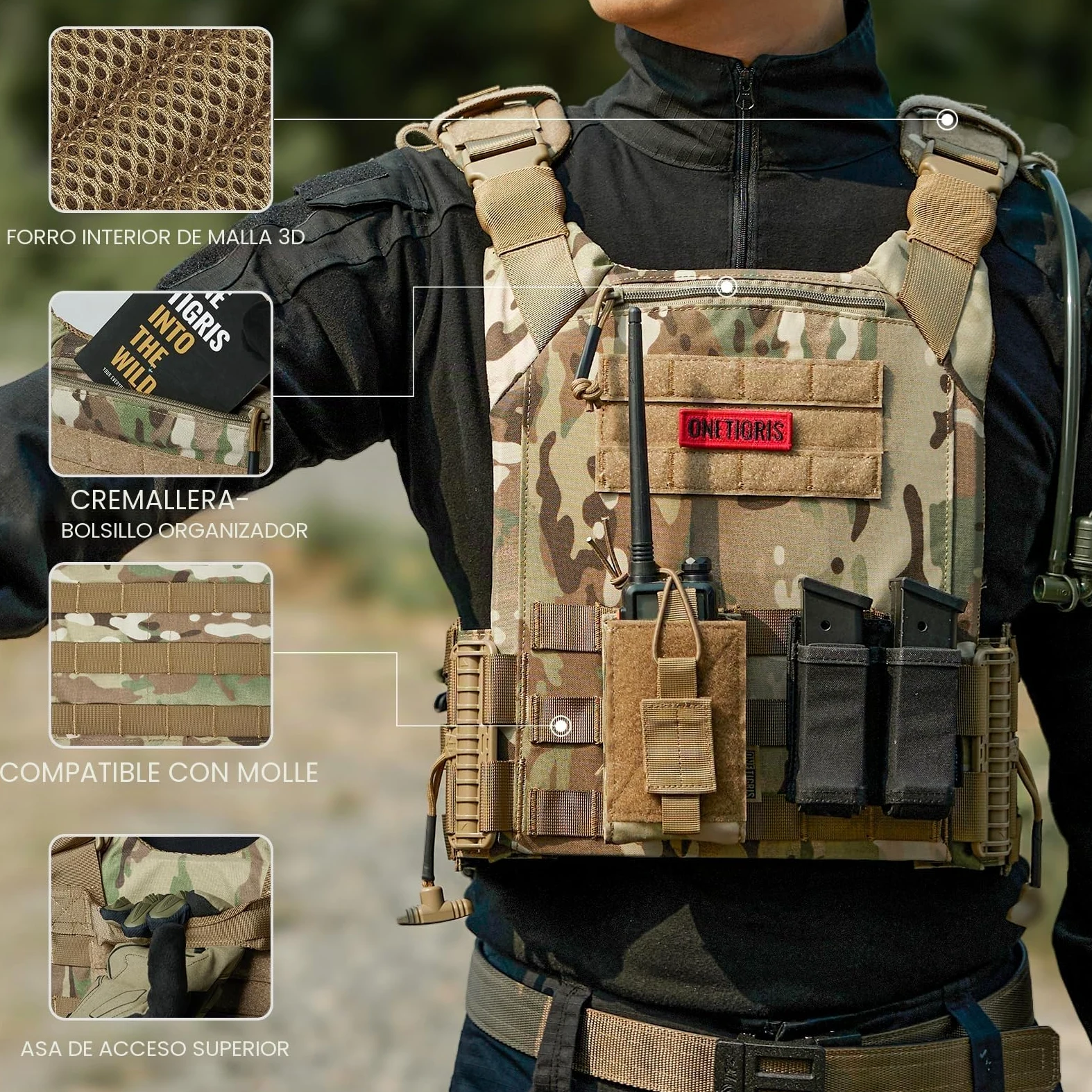 OneTigris FYR Chaleco táctico para airsoft, tirantes de placa ajustable transpirable protector de pecho para paintball, policía, airsoft