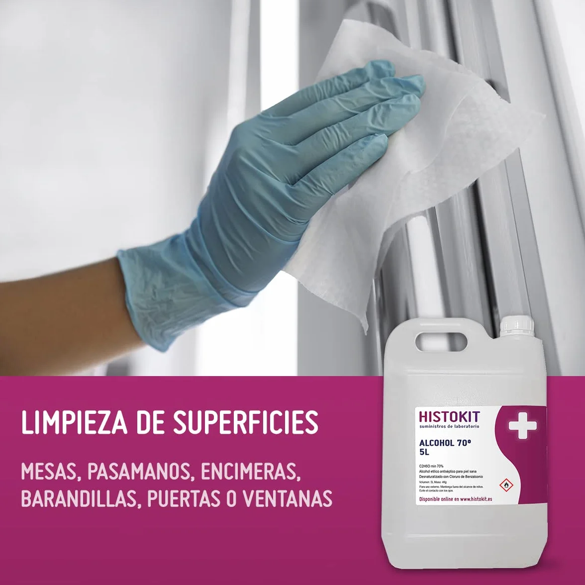 Alcohol etílico 70° antiséptico HISTOKIT 5 Litros Etanol benzalconio Desinfección piel superficies