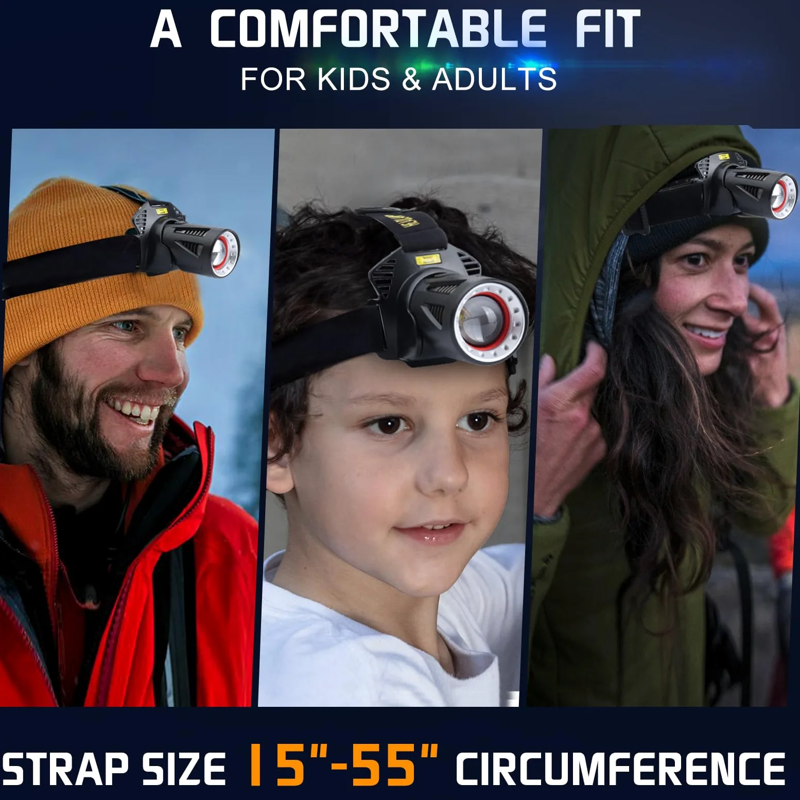 Aikertec Linterna frontal recargable, súper brillante para adultos con sensores de movimiento, 7 modos, zoom, linterna de cabeza impermeable IP68 para camping, caza, pesca (pilas incluidas)