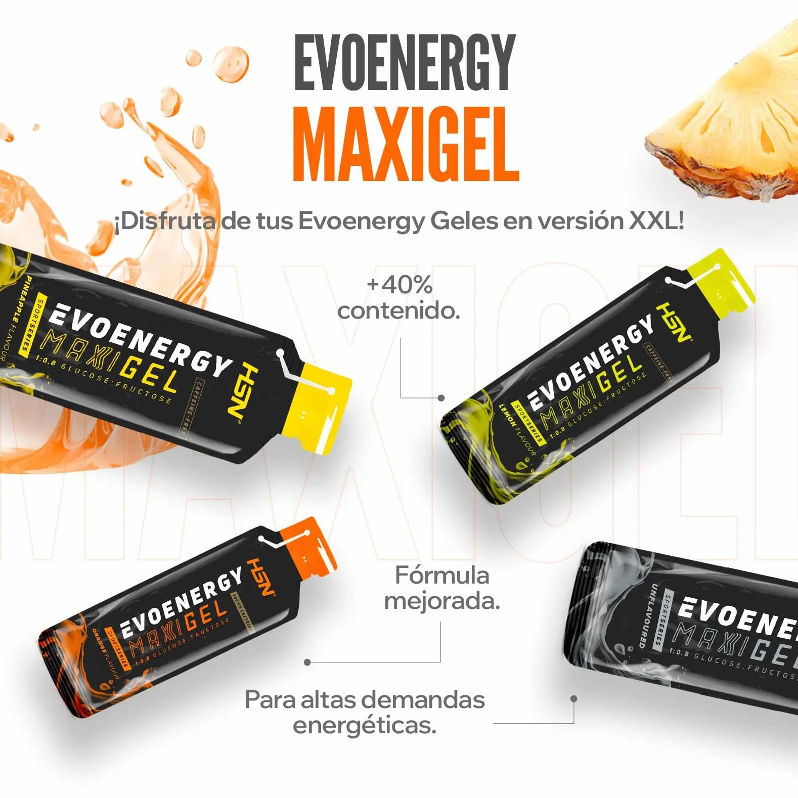 HSN Evonergy Maxigel Con Cafeína Limón 70ml 12 Unidades Gel Energético 60g Carbohidratos 1:0.8 Glucosa Fructosa Vegano Sin Gluten