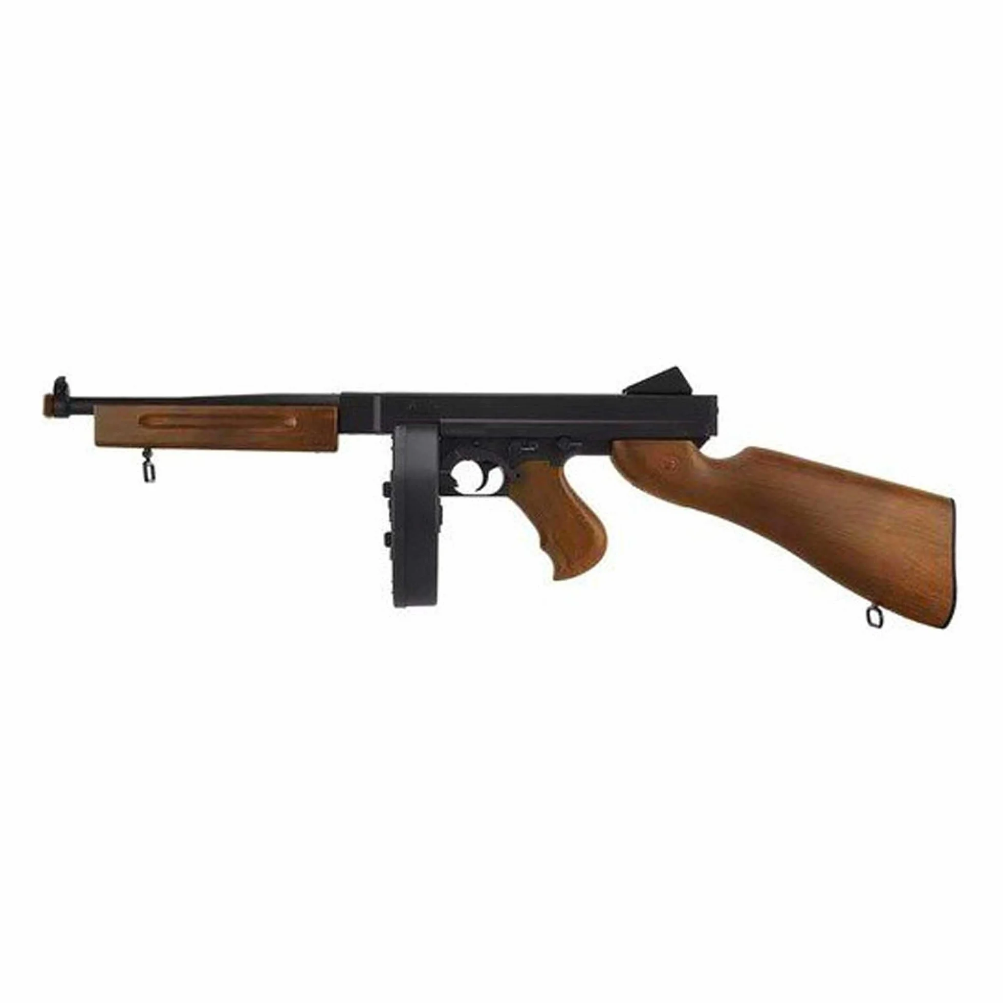 Embalaje Rifle de Airsoft Modelo D98 Estilo Chicago/Modelo eléctrico/Colores: Negro y Madera/Materiales: plástico de Alta Resistencia/Potencia 0,5 Julios/Se suministra con Accesorios