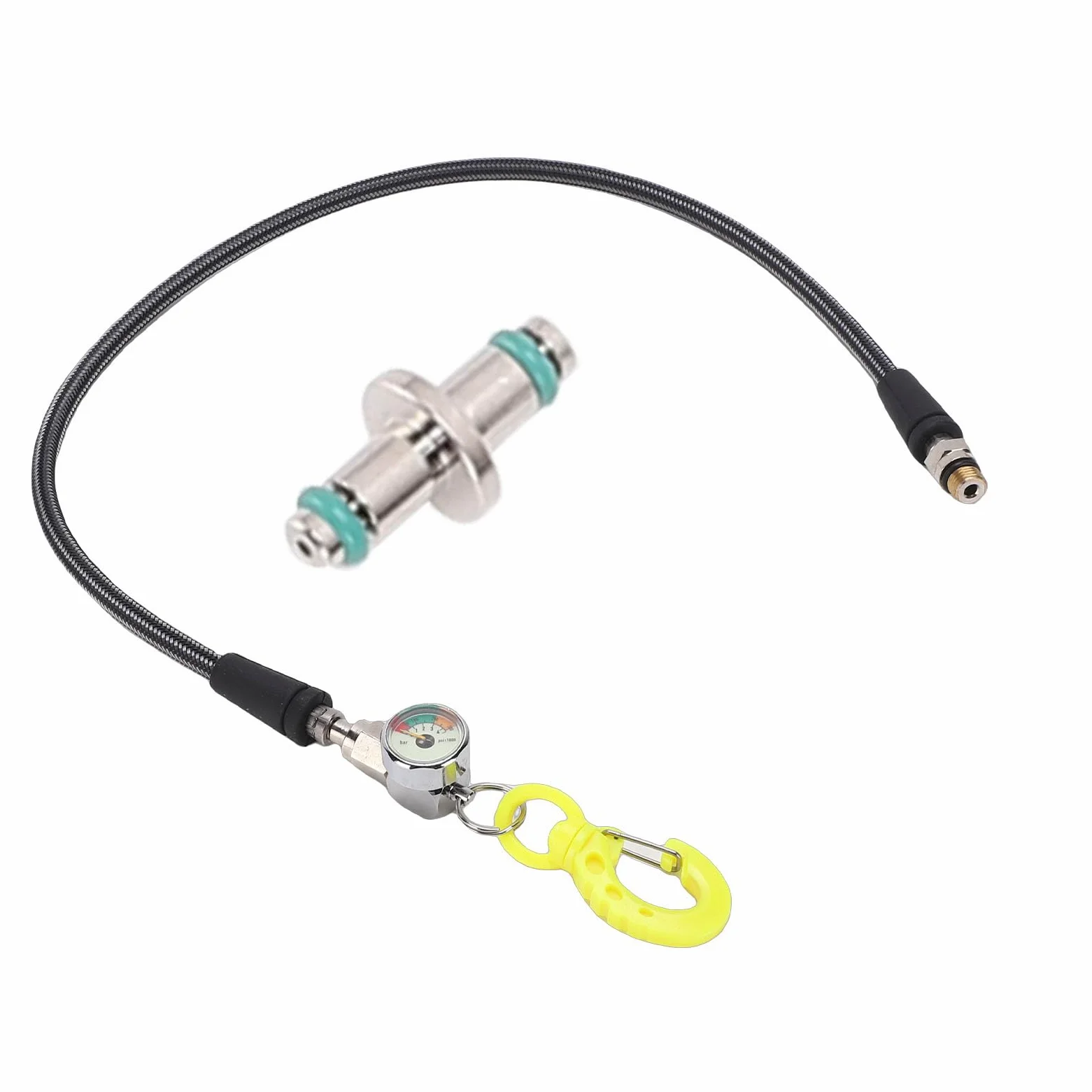 Medidor de Presión de Aire Sumergible con Manguera |Esfera Luminosa, Chaqueta de Fibra de Carbono, Gancho BCD para Equipo de Buceo (65CM)