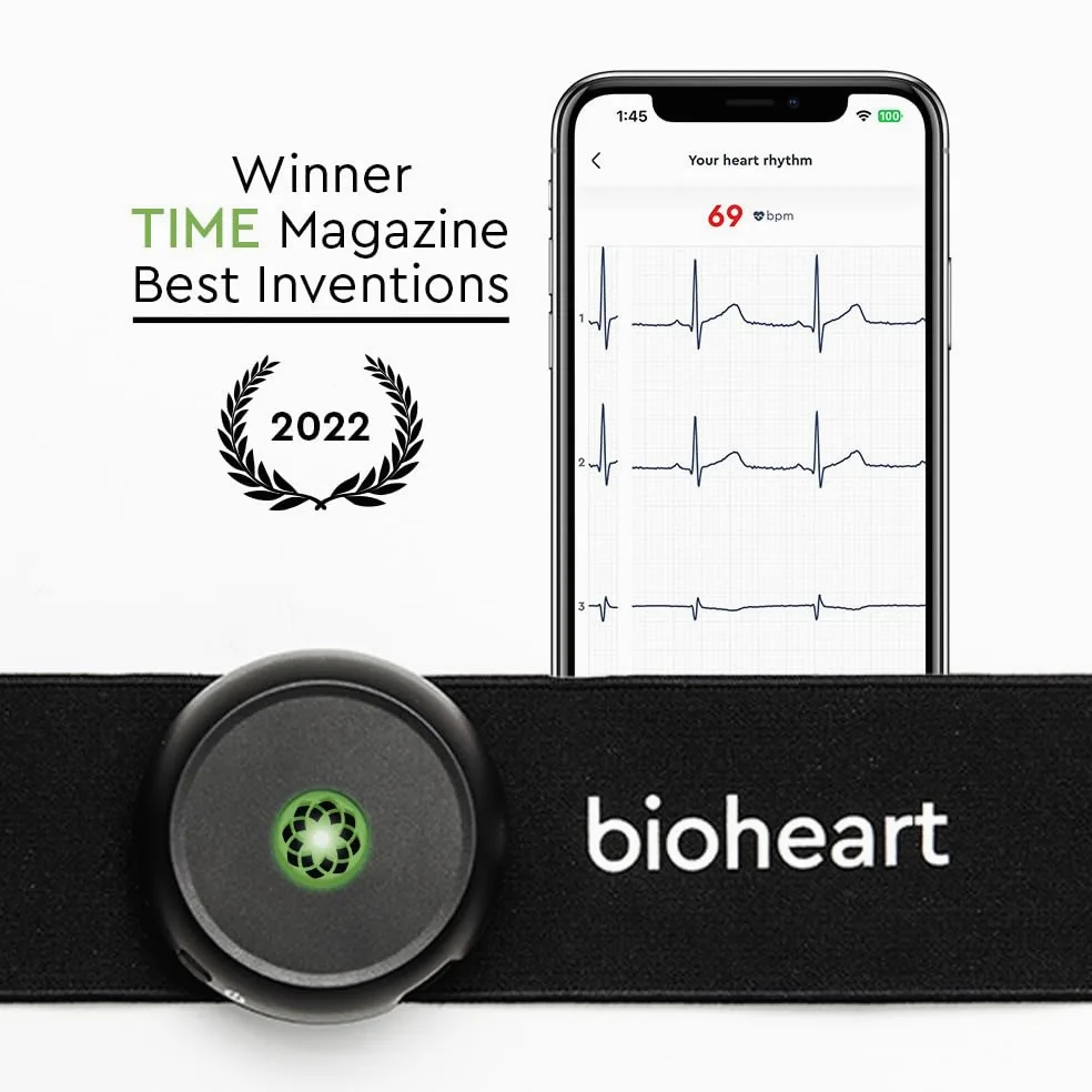 Monitor de frecuencia cardíaca Bluetooth Bioheart | Monitor de frecuencia cardíaca continua | Dispositivo móvil de frecuencia cardíaca con correa para el pecho | Suscripción de un año incluida