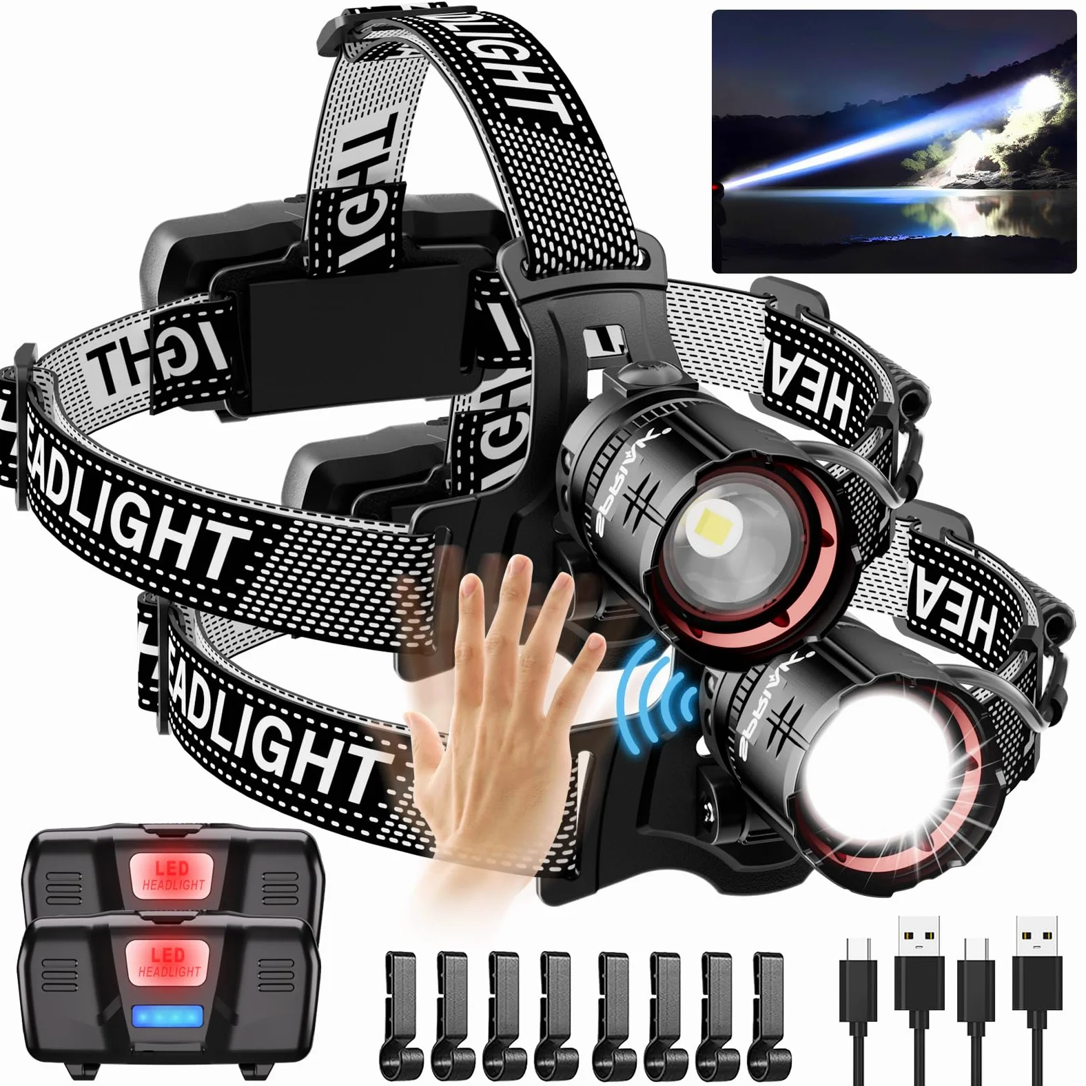 Linterna frontal LED de 90000 lúmenes y tiempo de uso de 100 horas, lámpara frontal recargable por USB, luz frontal ajustable de 90° con sensor de movimiento de haz ancho con 5 modos, zoom para