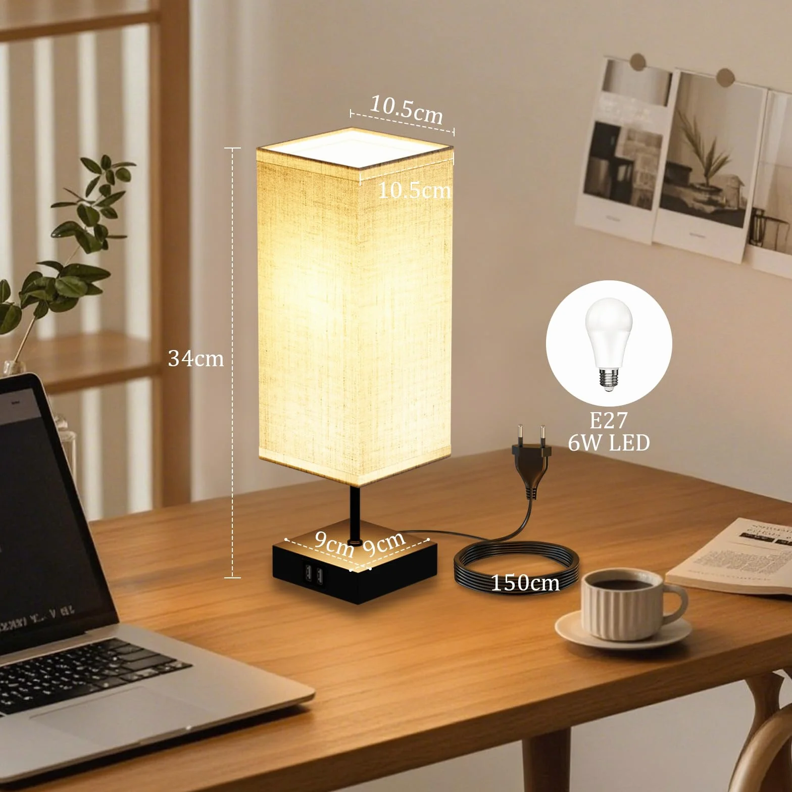 Lámparas de Mesita de Noche Control Táctil, Bedside Lamp Regulable con 3 Temperaturas de Color y 2 Puertos USB