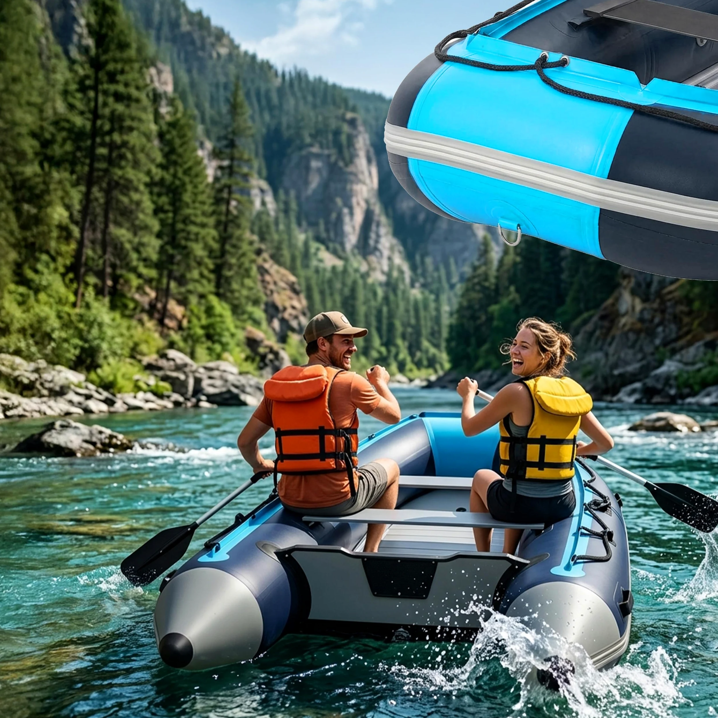 Relaxdays Set Bote Hinchable, 4 Personas, 3,20 m, remos, Bomba & Bolsa, Fondo de Aluminio, para Pesca, Azul y Blanco