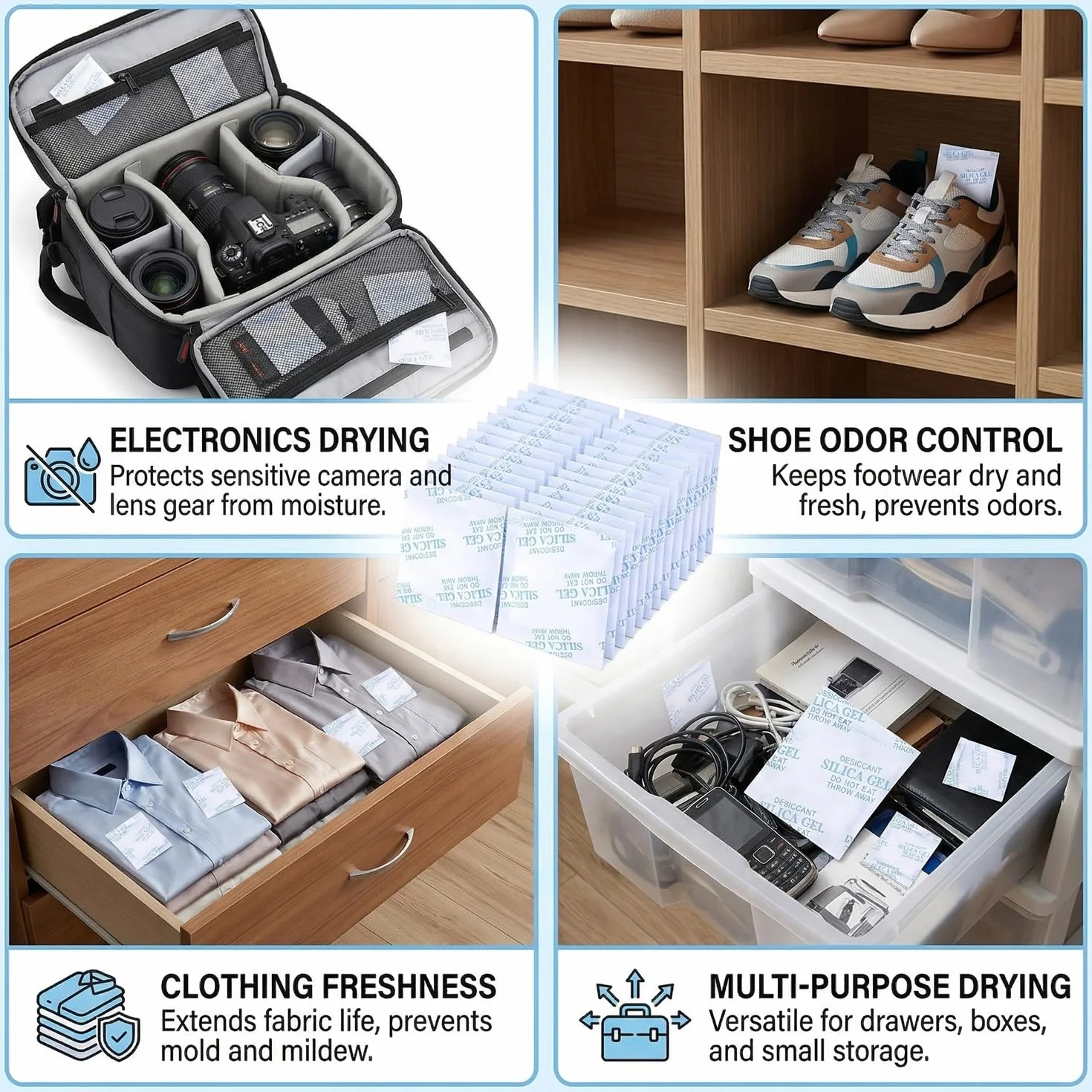 Bolsas Desecantes Gel de Sílice Absorbente de Humedad 10g x 30, Protección para Zapatos Electrónica Cámaras