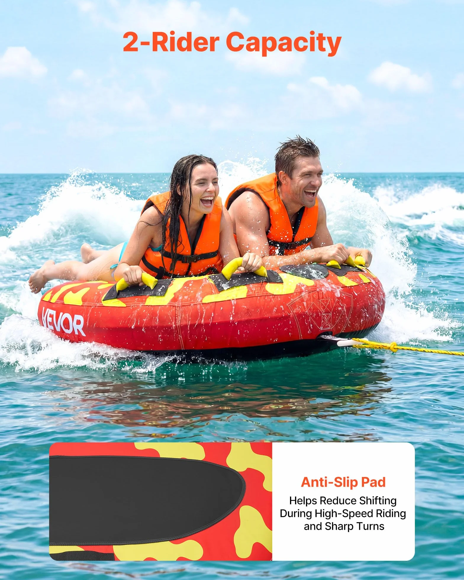 VEVOR Flotador de Arrastre Inflable 130 cm, Remolcable Carga 154 kg para 2 Personas, Cubierta de Nailon, Almohadilla Antideslizante, Rojo