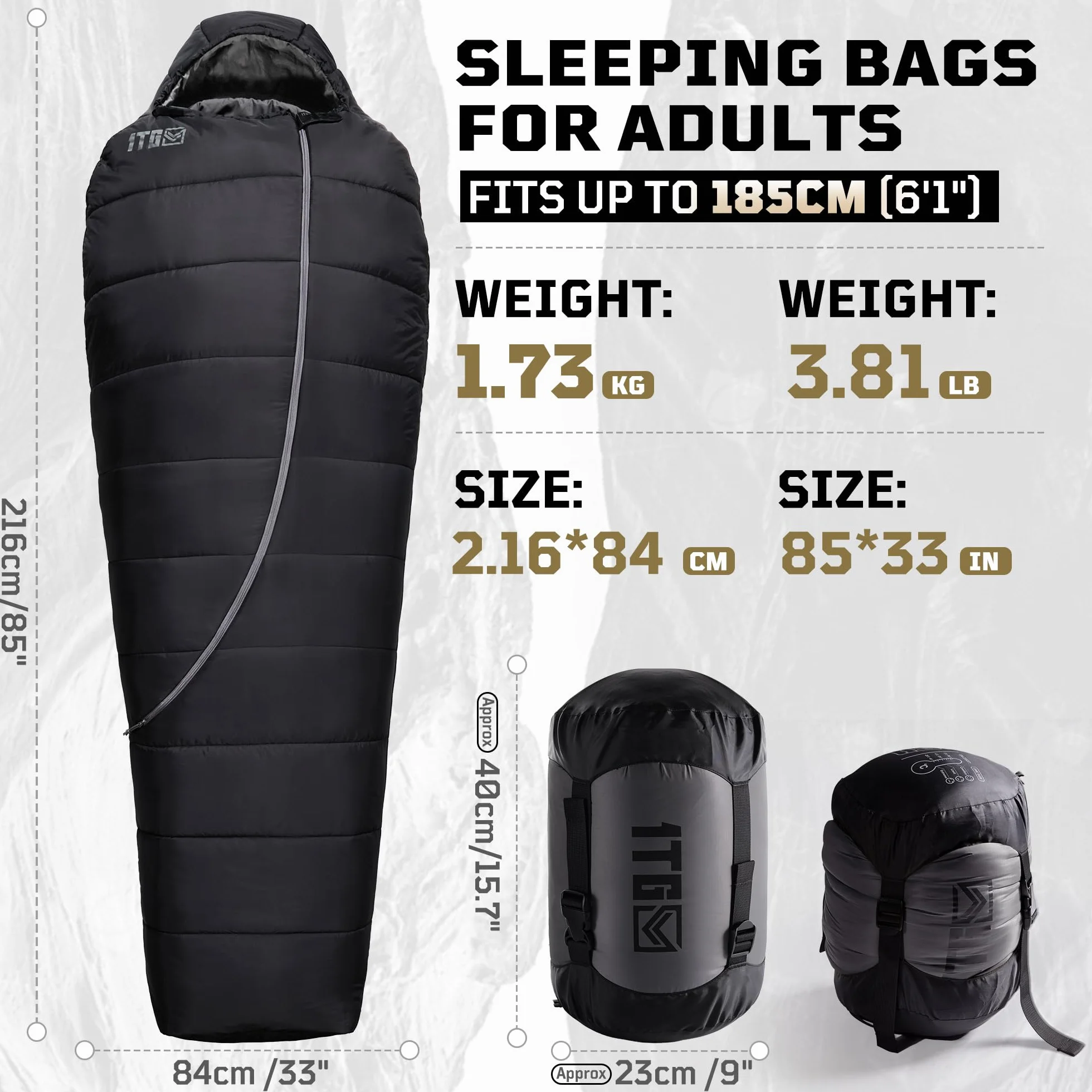 Mummy Sleeping Bag, Ultralight 4‑Season Sleeping Bag for for Adults, Military, Lightweight & Windproof, Cold Weather with Adjustable Hood, Phone Pocket for Camping, Hiking, Traveling