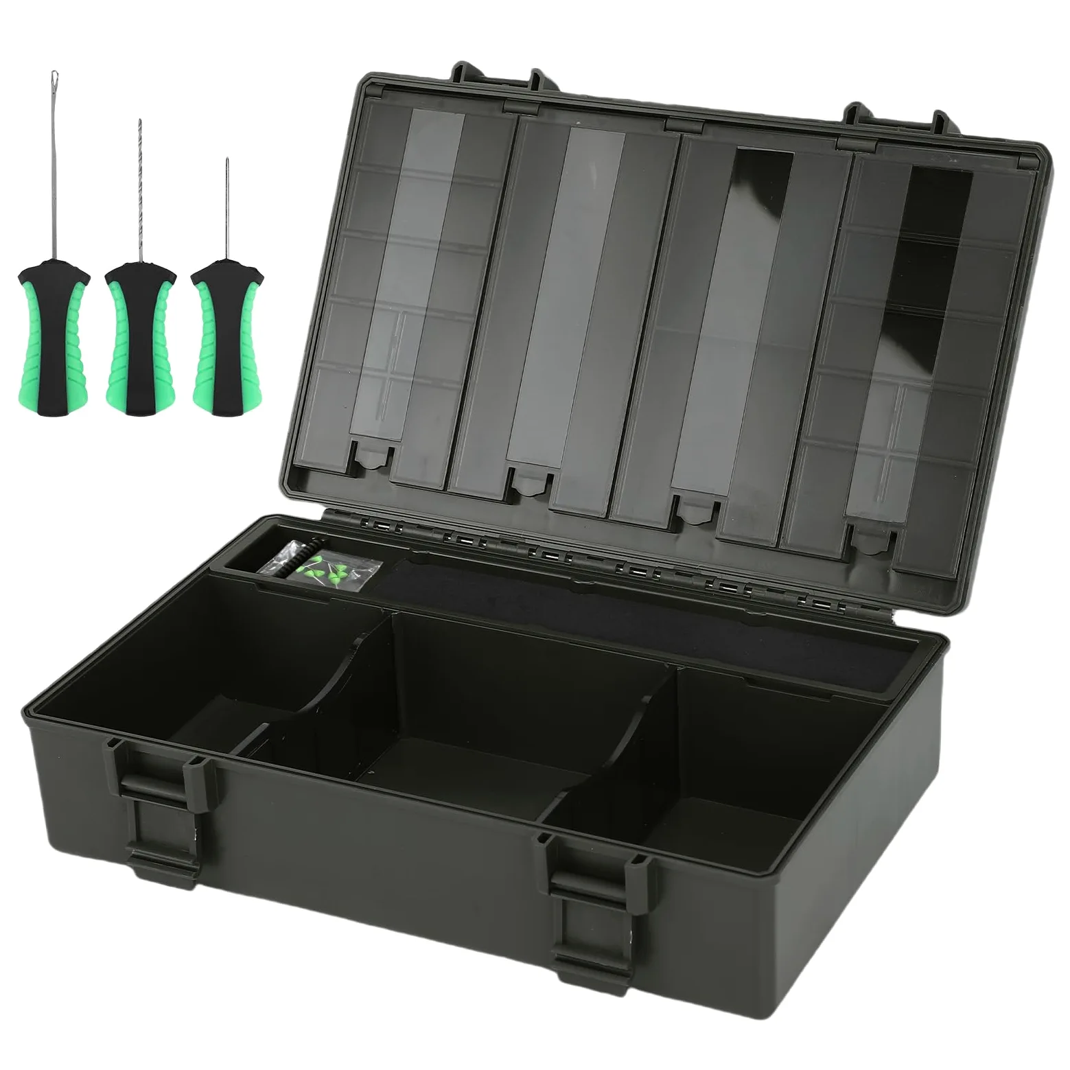 Caja de Aparejos de Pesca de Carpa, Organizador de Caja de Aparejos Compacto Impermeable, de Almacenamiento de con 8 Pines, Divisores Extraíbles y Tabla de Aparejo de Pelo Rígido para Pesca