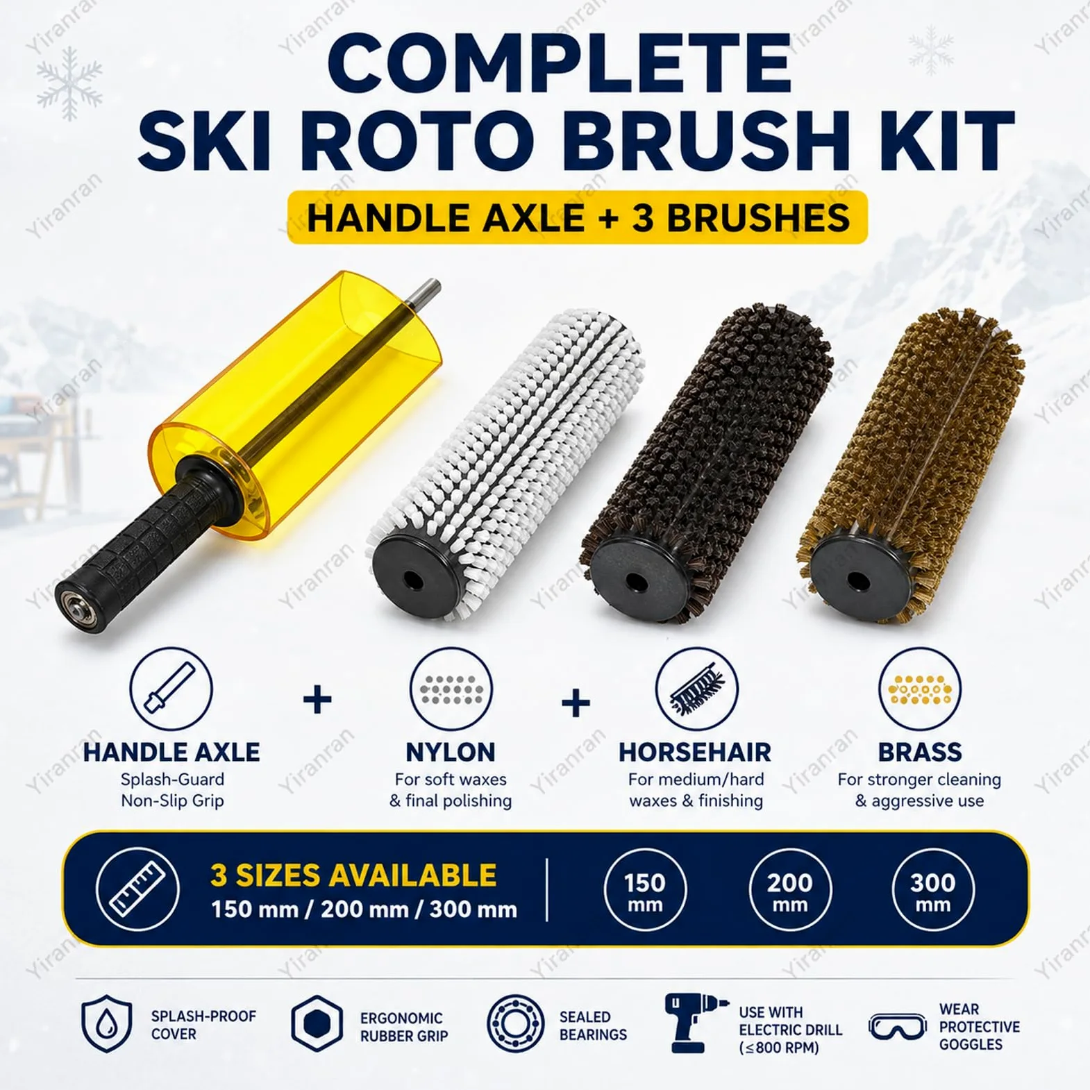 Kit de cepillo rotativo para esquís, eje para mango de cepillo rotativo, eje de 150 mm/200 mm/300 mm con los 3 cepillos (nylon, latón y crin de caballo) para encerado, para usar con taladro eléctrico