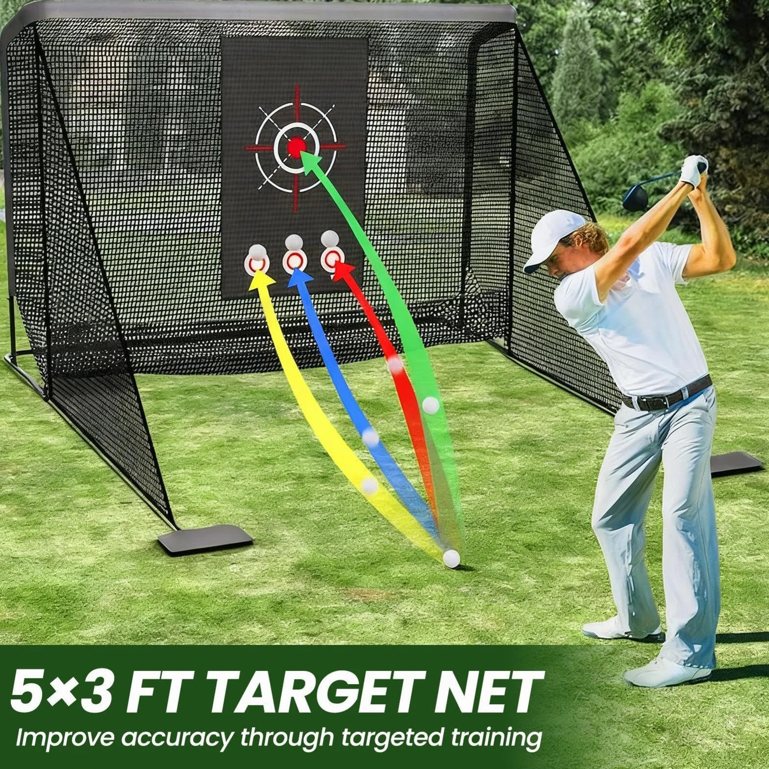 Red de golf, red de entrenamiento portátil con barreras laterales/retorno automático de la pelota, red de golf con dos paños de objetivo, una bolsa de transporte y cuatro anclajes de suelo