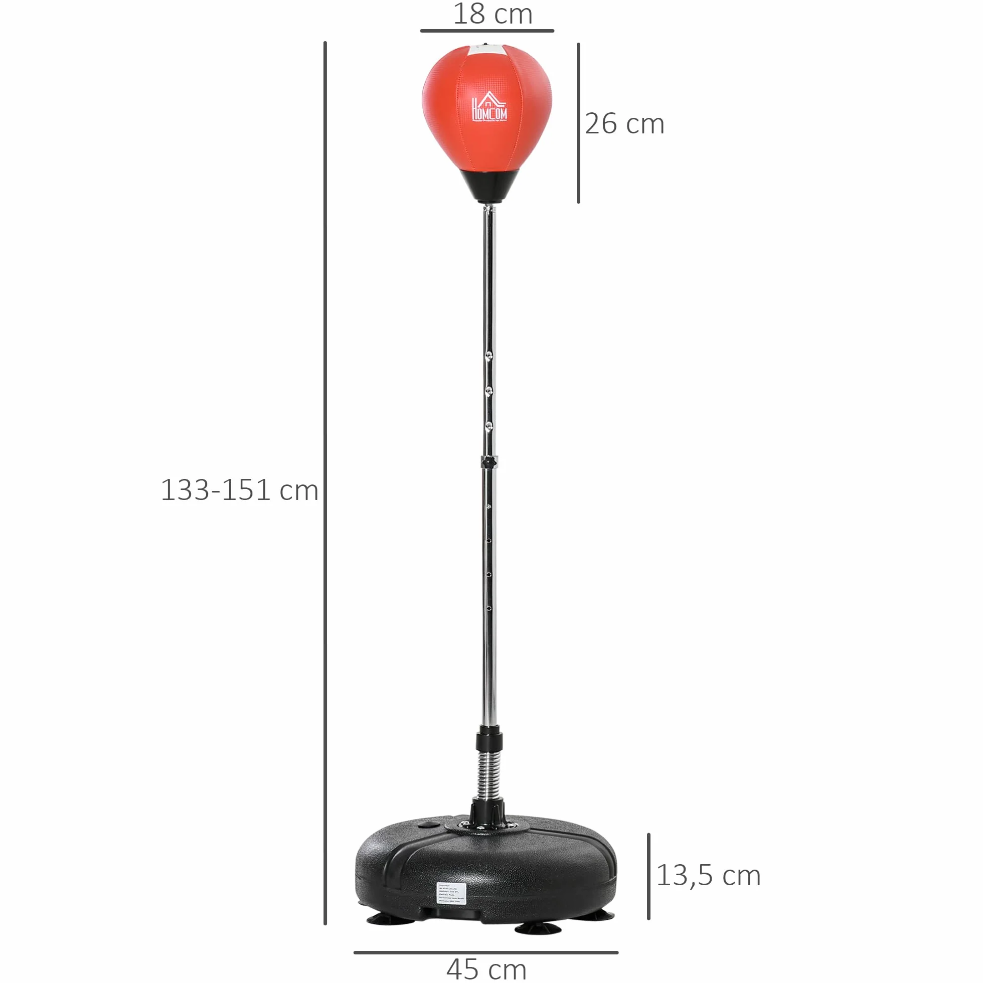 HOMCOM Saco de Boxeo de Pie con Altura Ajustable en 4 Niveles de 133-151 cm, Saco de Boxeo con Base Rellenable, Guantes e Inflador, para Adultos y Adolescentes