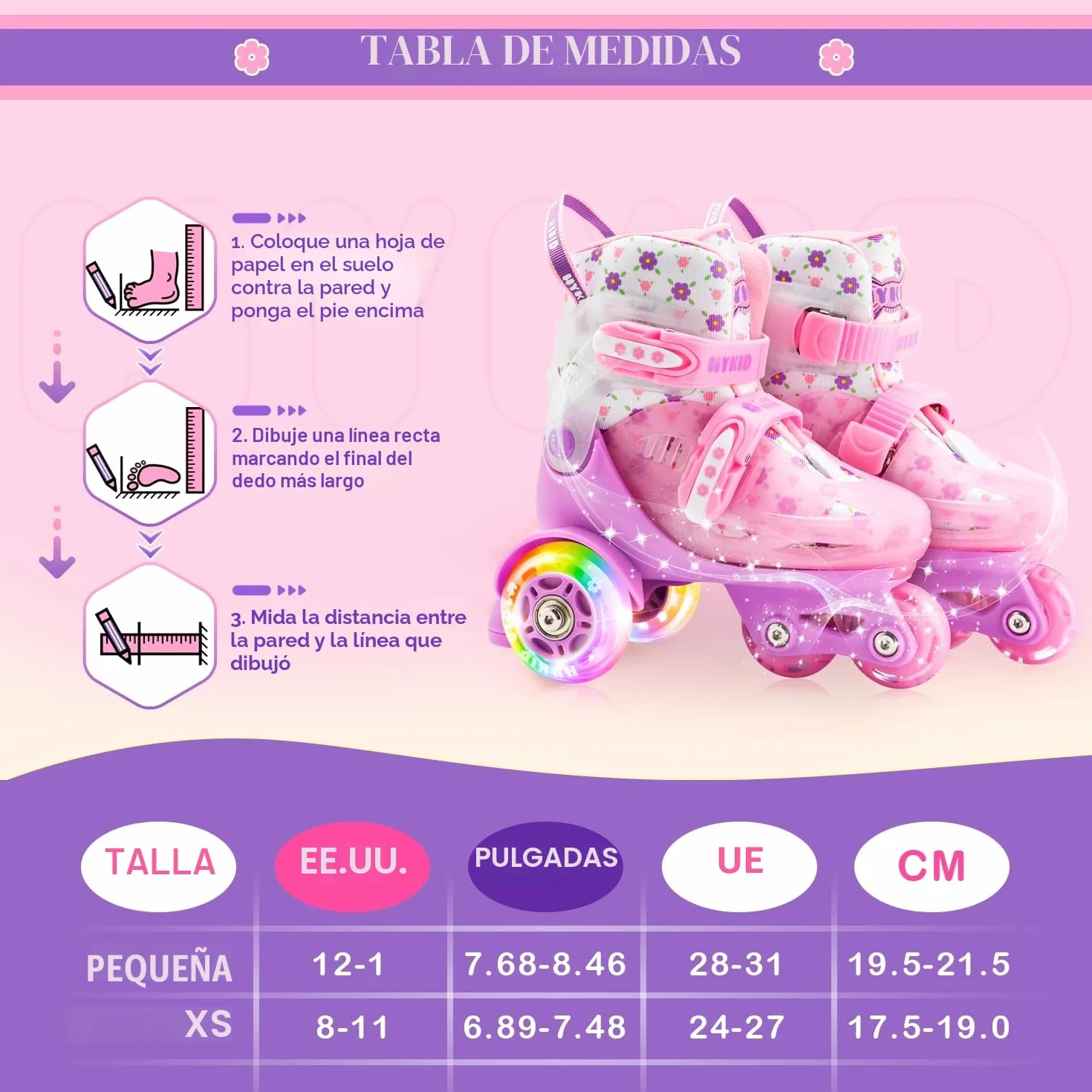 Patines 4 Ruedas Niña, 4 Tallas Ajustables 3-8 Años, Unicornios para Niñas Construcción de 3 Puntos Estable y Segura,Patines para Niños Principiantes Patinete