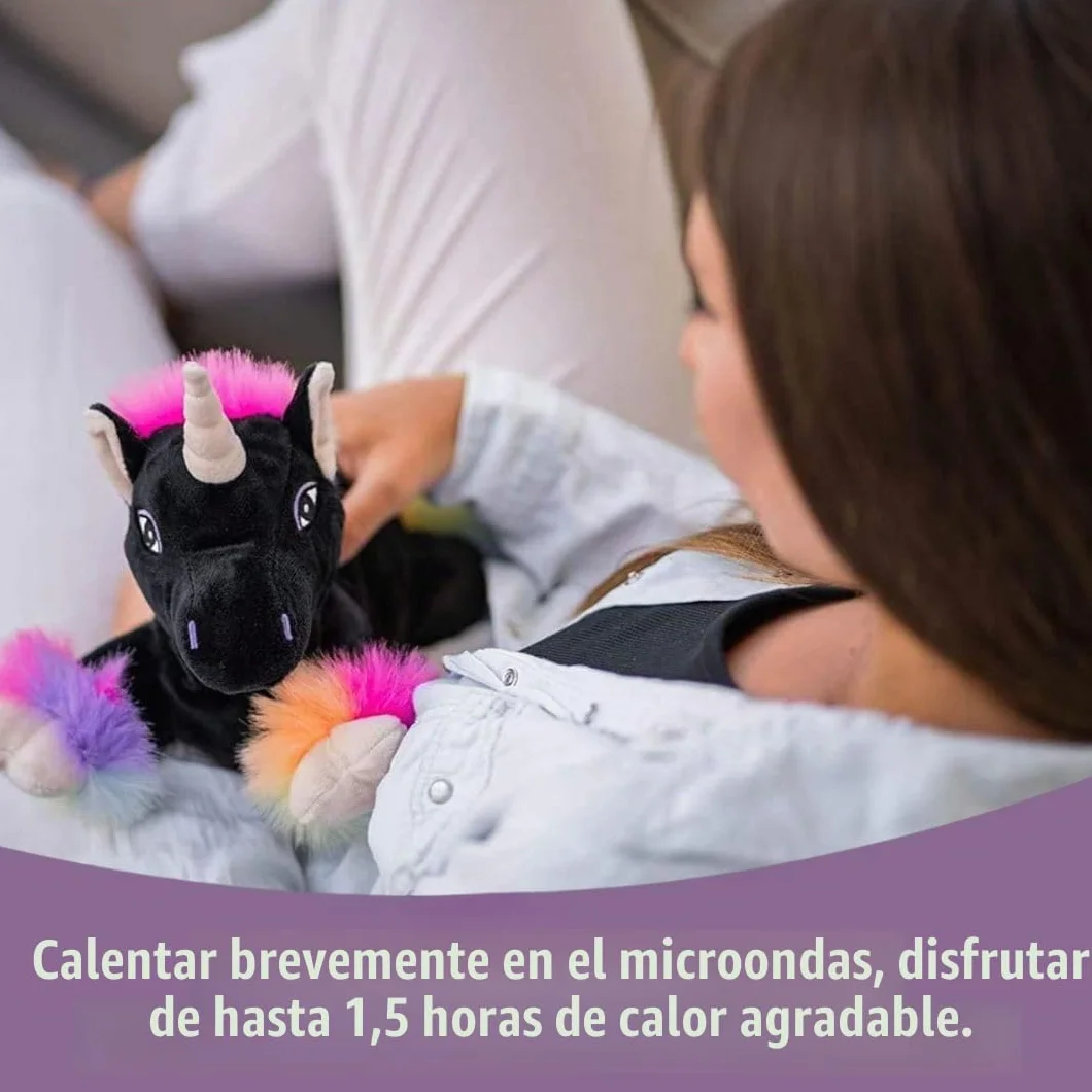 Cojín térmico prémium Unicornio Black Rainbow 1848 - Peluche térmico para microondas y horno - Relleno de mijo extraíble para niños y adultos