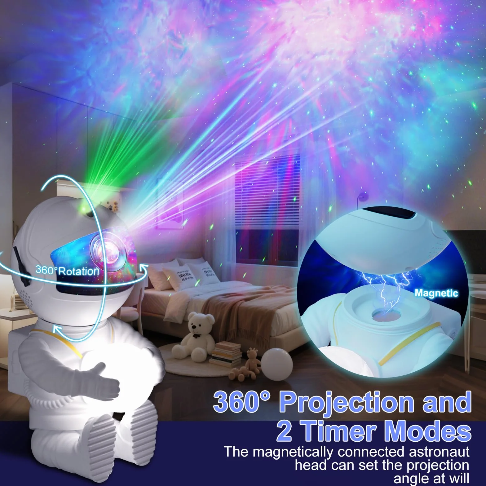 Proyector Estrellas LED Astronauta Galaxia 8 Modos Luz Rotación 360° Control Remoto Lámpara Proyección