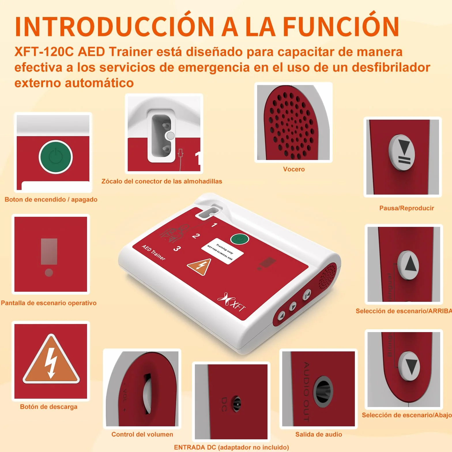 XFT-120C AED Trainer Portátil Desfibrilador de Entrenamiento Bilingüe Español Inglés Control Remoto 10 Escenarios