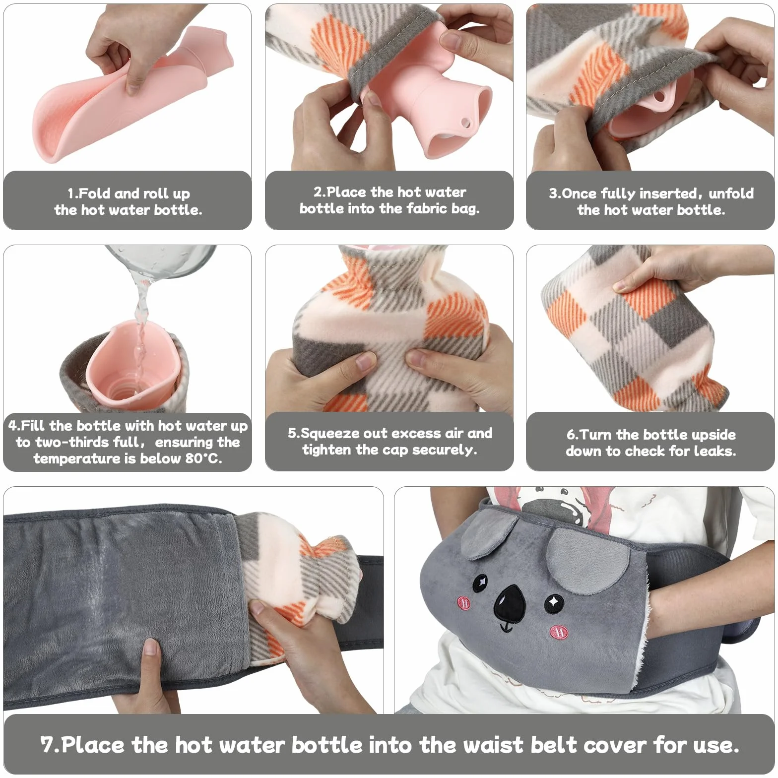 Bolsa de agua caliente Koala 1L 120cm con funda y cinturón lumbar
