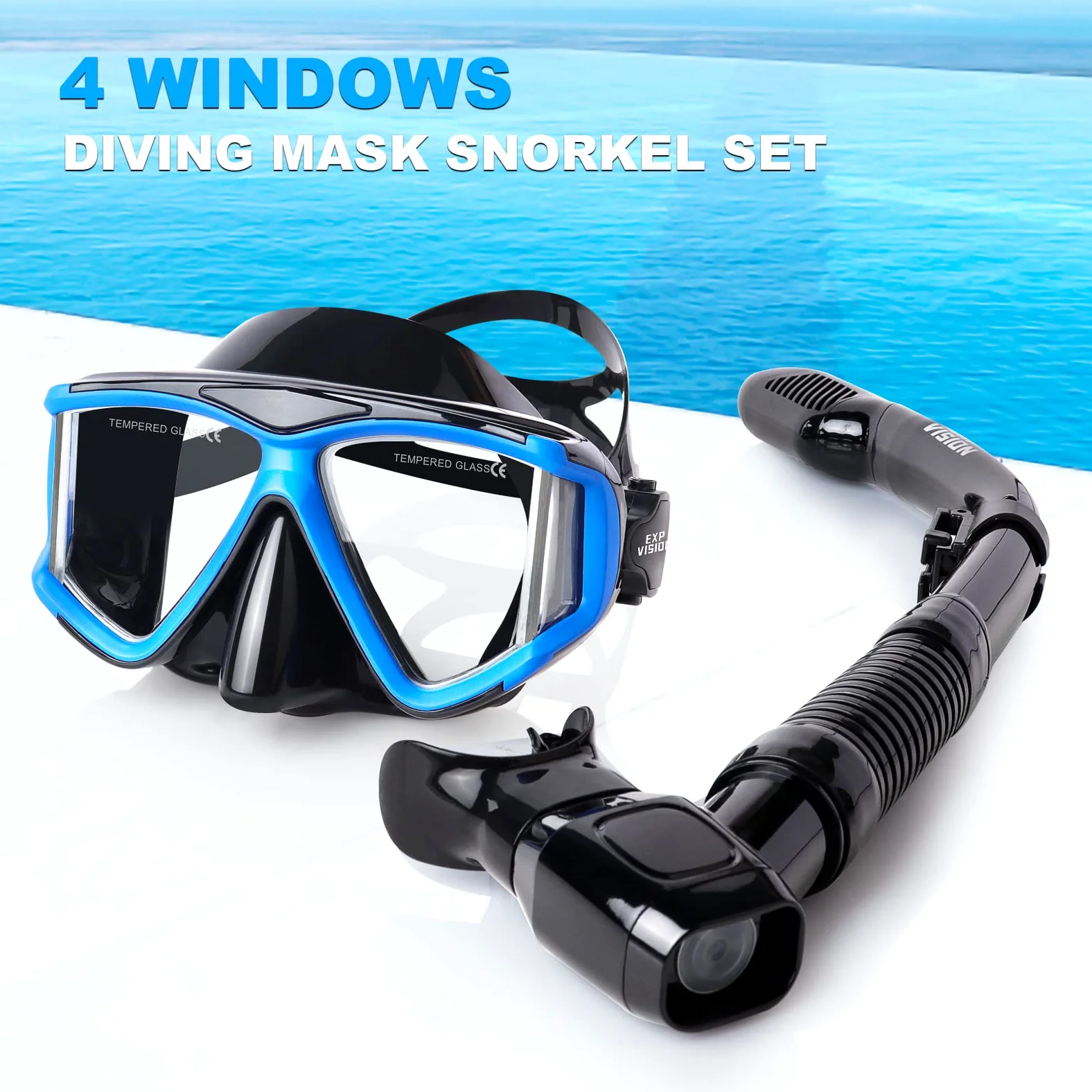 Juego de esnórquel Pano 4 para adultos, máscara de esnórquel profesional antivaho, máscara de buceo de vidrio templado para buceo libre, esnórquel y natación (juego de esnórquel azul)