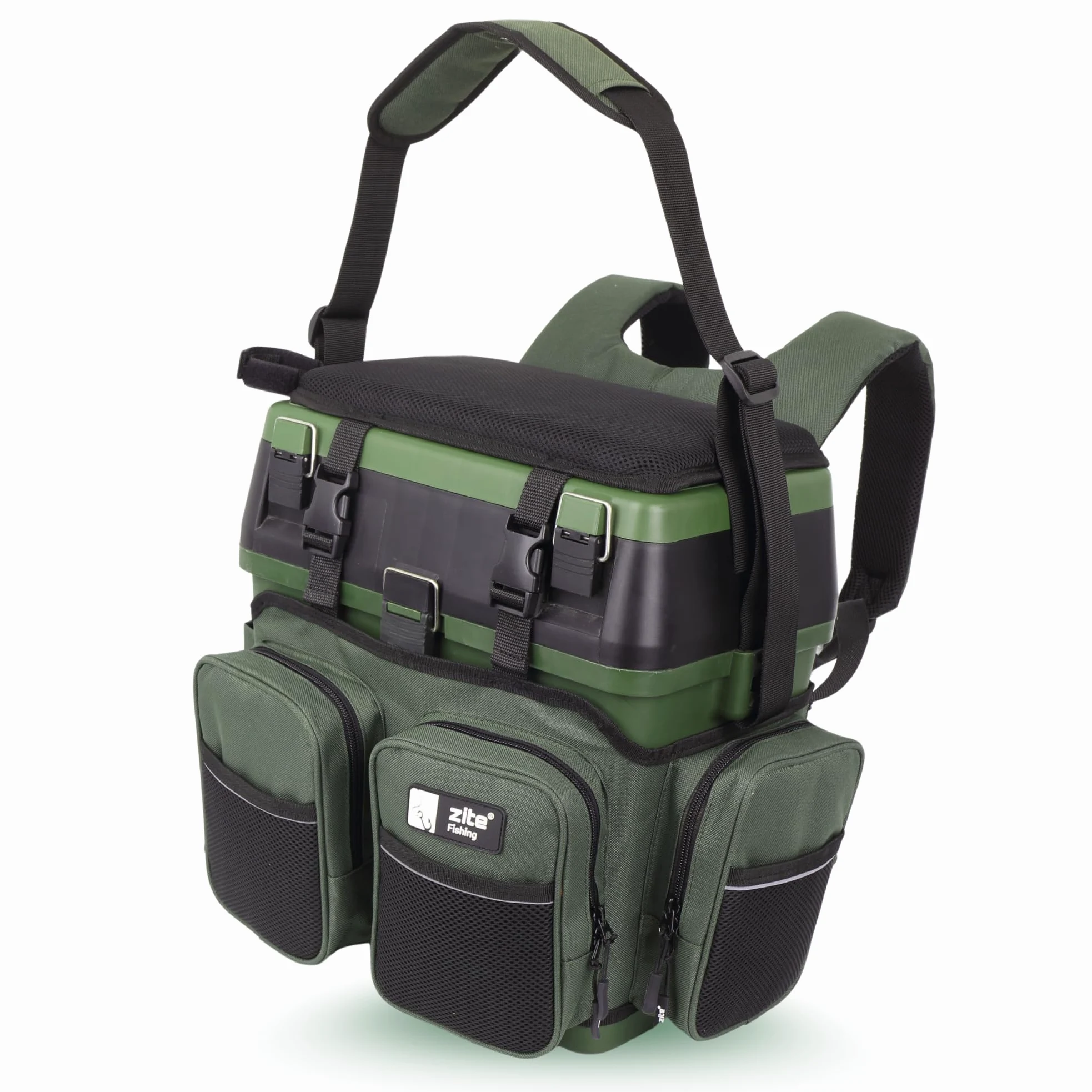 Zite Fishing Mochila Multifuncional con Asiento - Incluye 4 Cajas de plástico en la Tapa - Ideal para Guardar Accesorios de Pesca