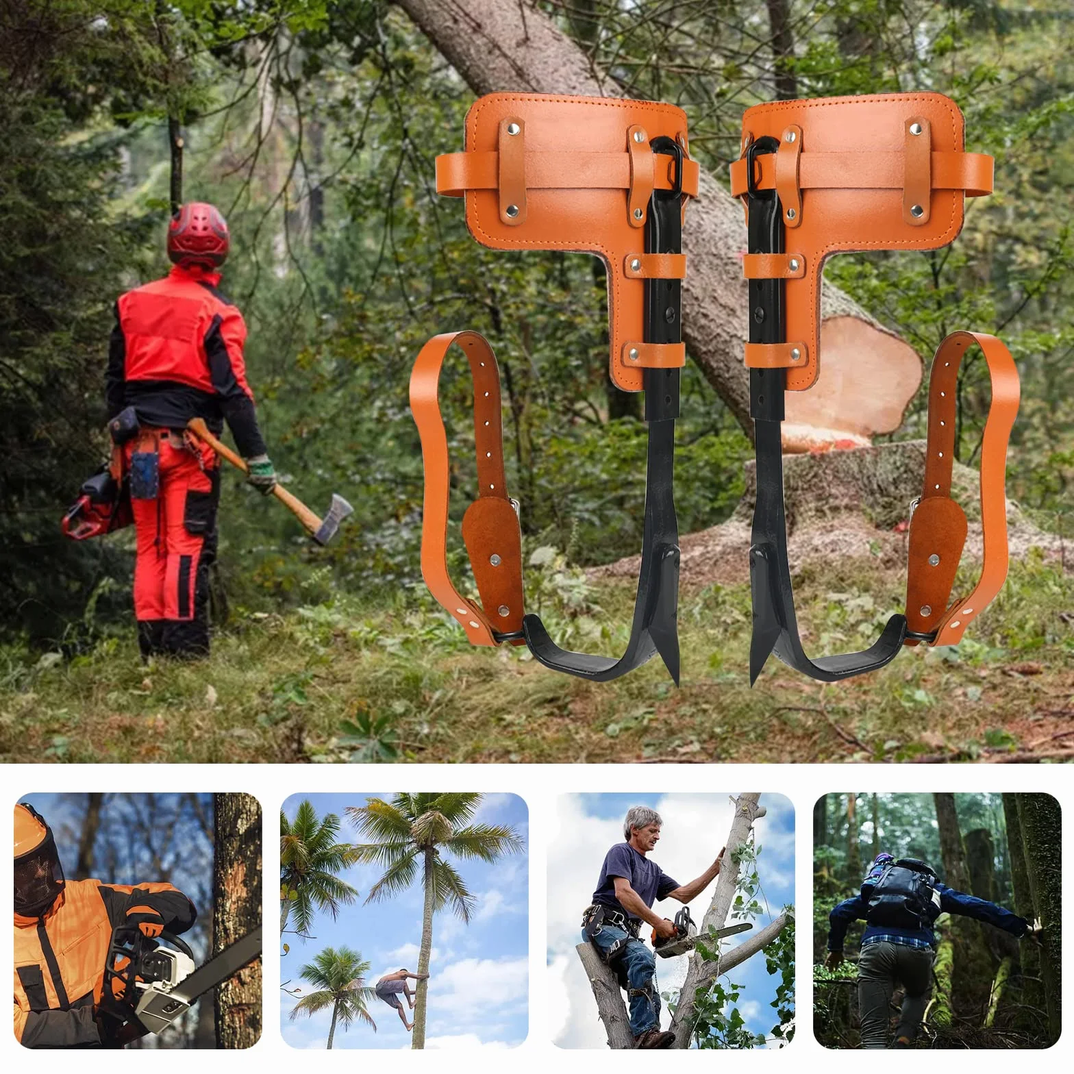 Equipo de escalada de árboles, crampones, altura ajustable y con correa de piel de vacuno, crampones de árbol, artefacto antideslizante para acampar en el bosque, recolección de frutas