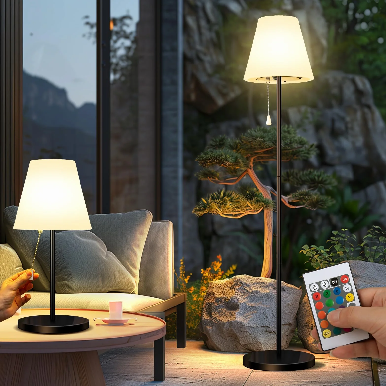 Lámpara de pie solar exterior IP65 resistente al agua USB recargable brillo regulable blanco cálido RGB inalámbrica terraza