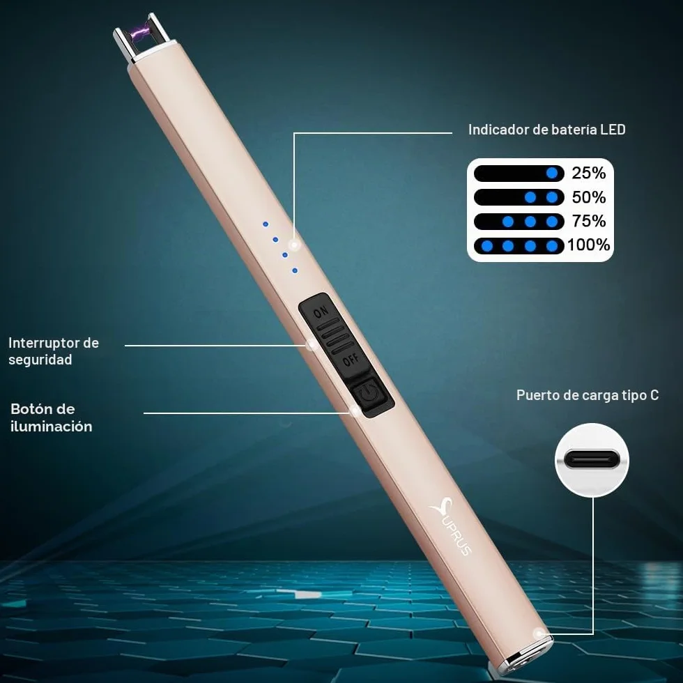 SUPRUS Mechero eléctrico Arco eléctrico Recargable USB Resistente al Viento sin Llama Dorado