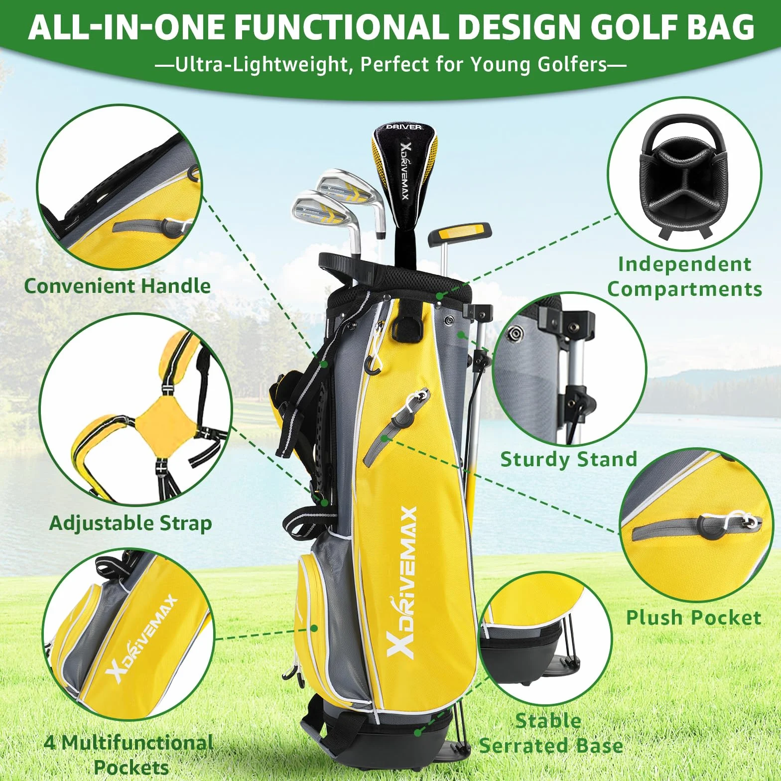 XDriveMax Juego de palos de golf para niños de 5/6 piezas, juego de palos de golf junior de 4 a 12 años, incluye bolsa de soporte, 1# Drive, 5# híbrido, 6/7#, 9/P # hierros y putter mano derecha para