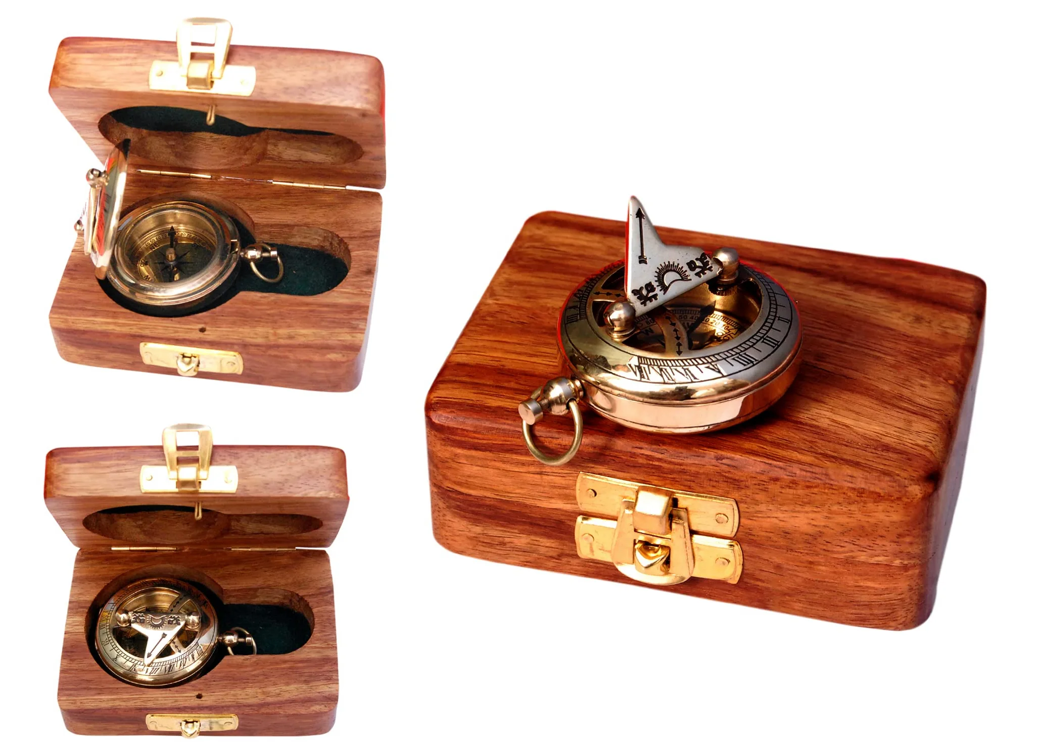 Brújula náutica de latón con caja de madera, reloj solar de latón antiguo y cobre para camping, senderismo, turismo, regalo grabado para él, reloj náutico, regalo de brújula