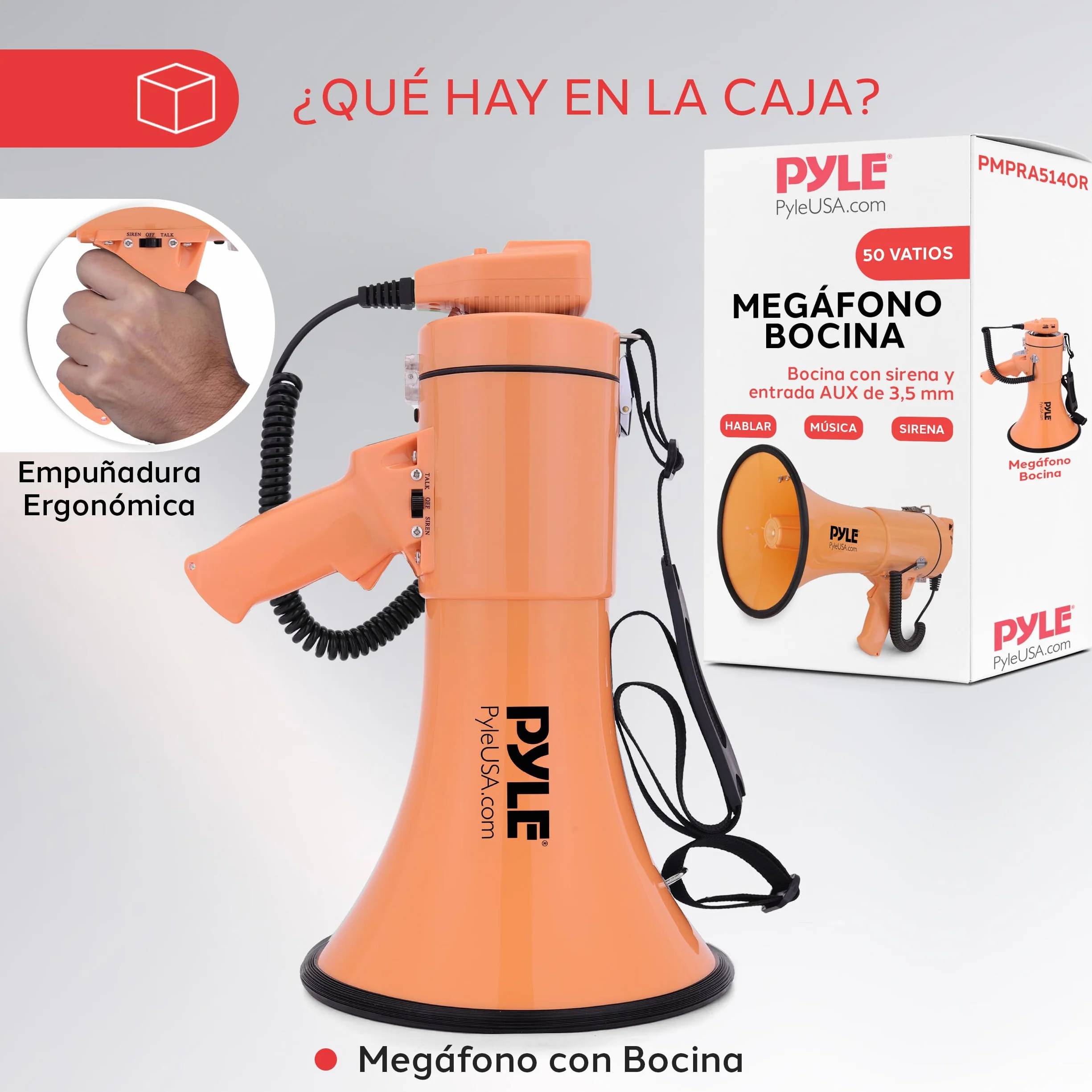 Pyle megafono, Altavoz, Portatil, 50V, Volumen Ajustable, Sirena, Correa para el Hombro, Entrada AUX, Compacto, Ideal para anuncios, Eventos, Deportes y mas