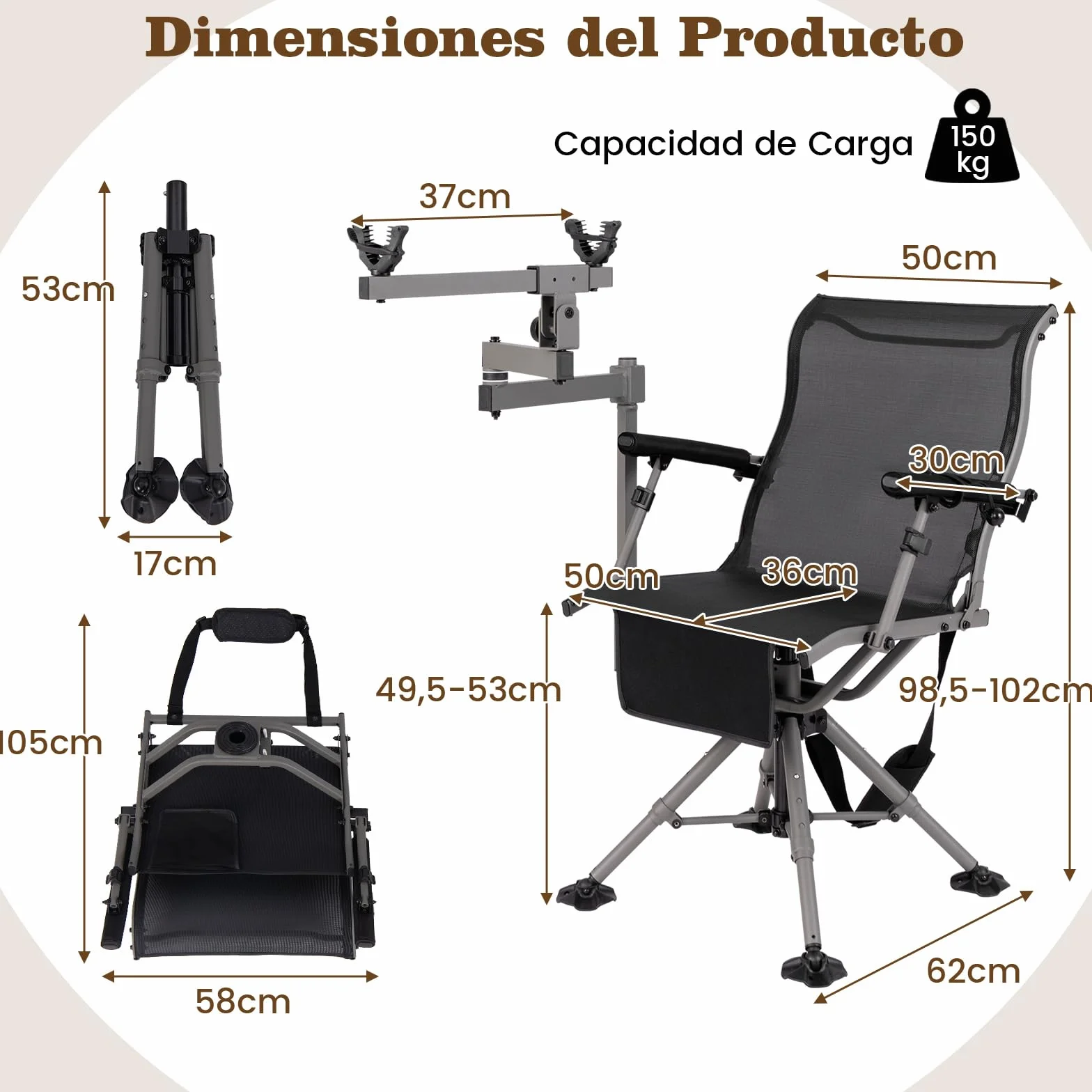 GOPLUS Silla de Caza Giratoria de 360°, Silla Portátil con Soporte de Rifle Ajustable, Reposabrazos y Altura Regulables, Sillas Ergonómica con Respaldo y Tela Transpirable para Caza, Pesca y Camping