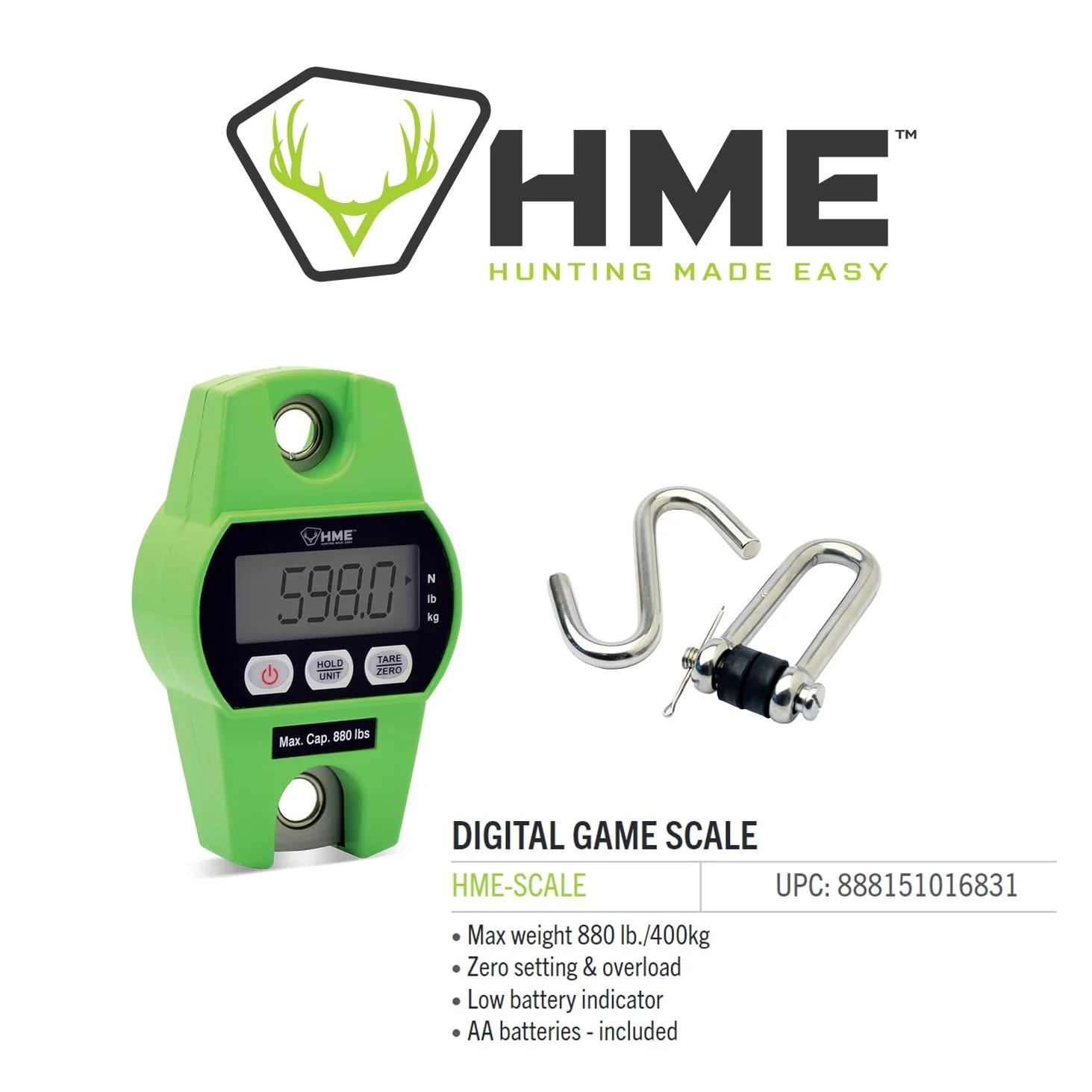HME Báscula colgante digital de caza duradera y versátil con función de tara, peso máximo de 400 kg, 2 baterías incluidas, gancho de hierro, función de modo N/lb/kg