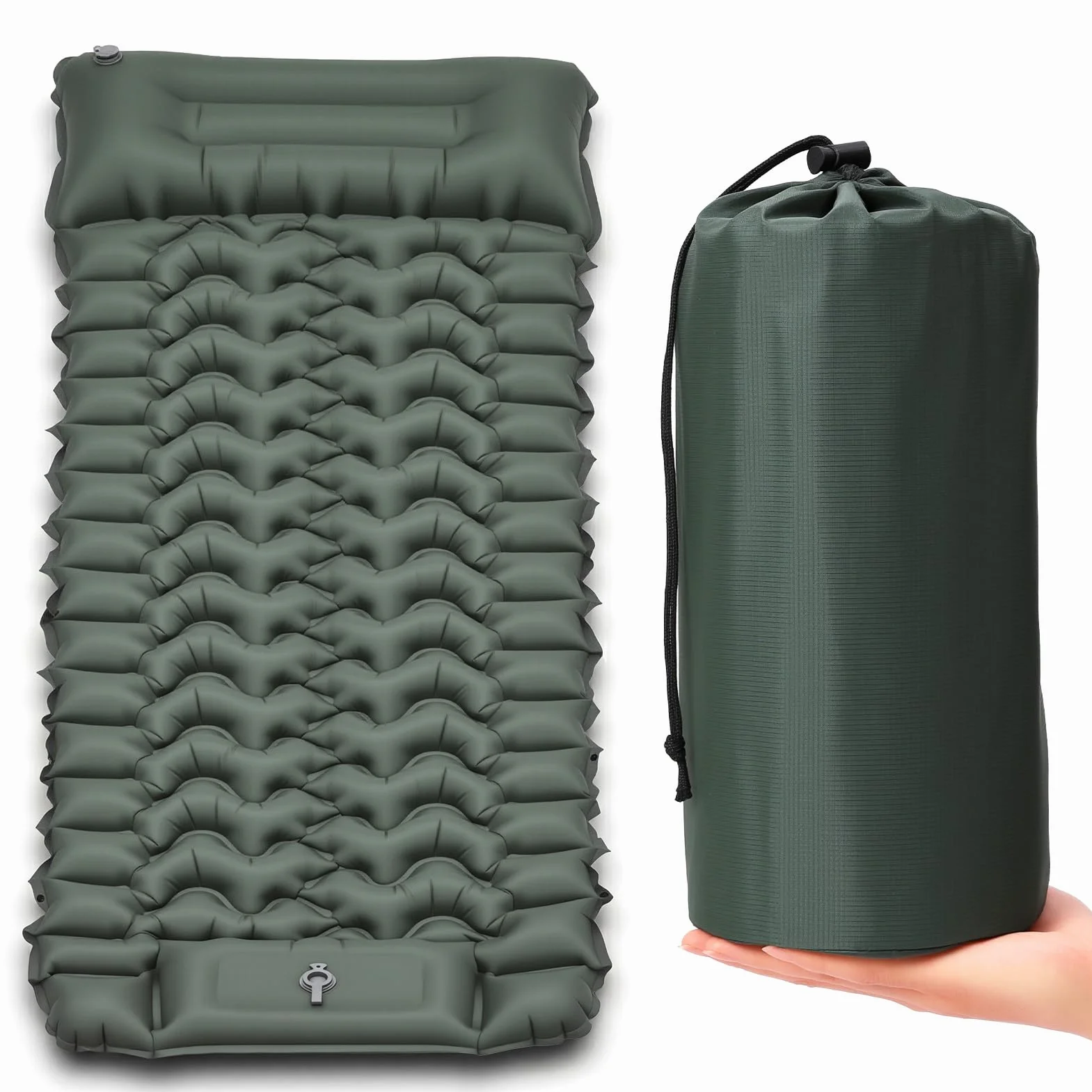 Colchoneta Hinchable de Camping Ultraligera y Extraancha (Tamaño XL), Colchoneta Aislante con Cojín Integrado y Bomba de Pie, 196x74x9 cm, TPU 40D, Portátil para Exteriores y Viajes (Verde Militar)