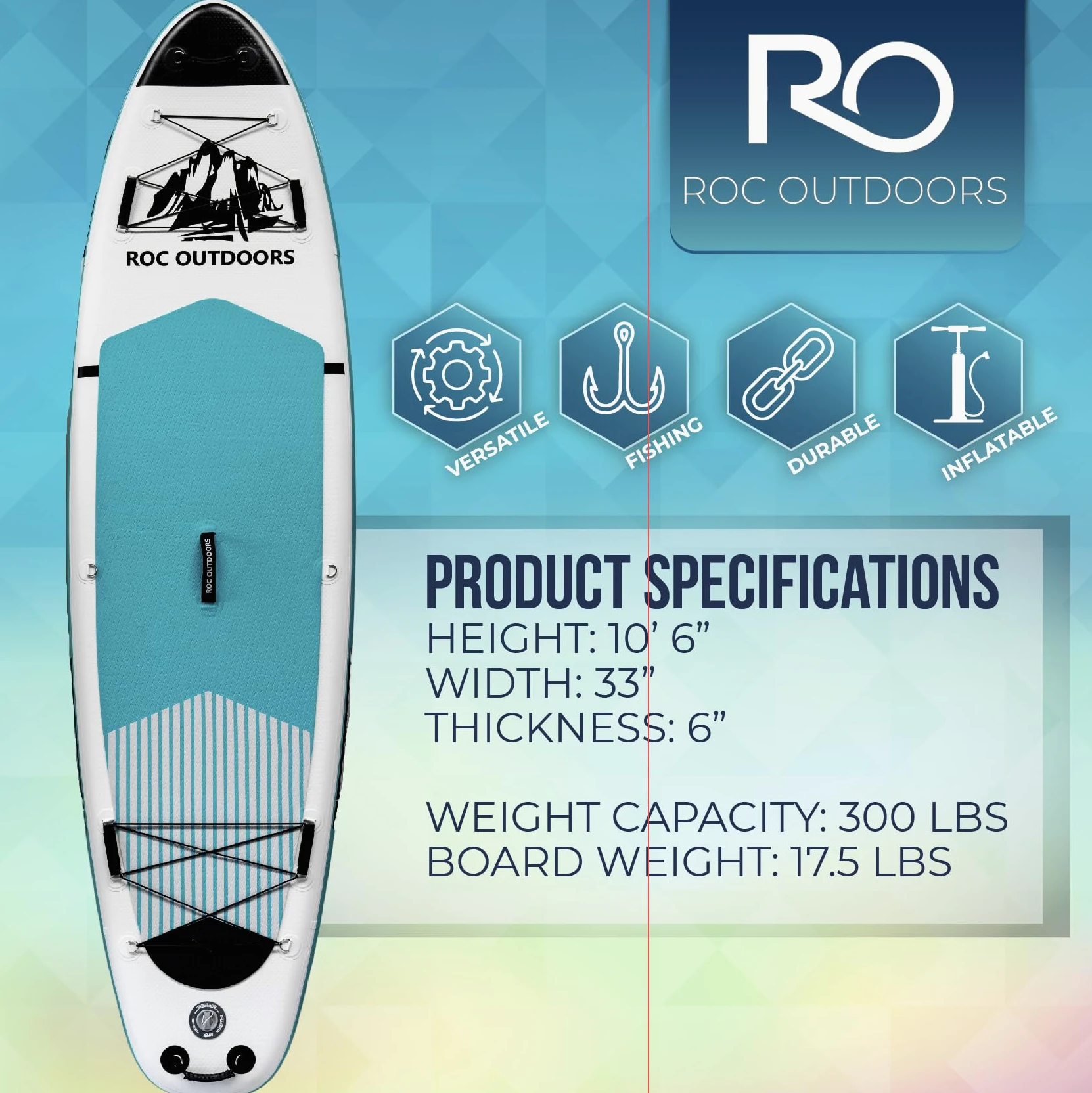 Roc - Tablas de surf de remo inflables, con accesorios, amplias y estables, superficie antideslizante y cómoda, infantiles y para personas adultas (verde azulado)