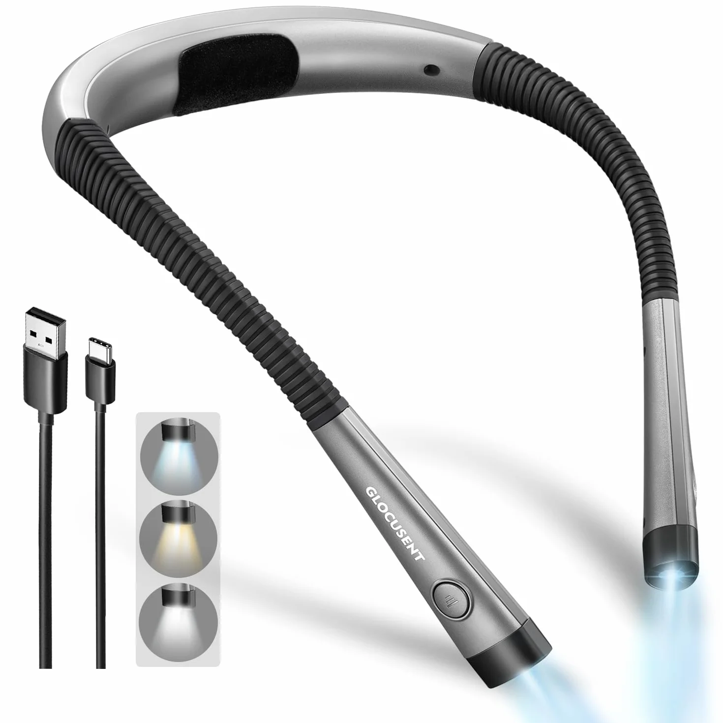 Glocusent Luz de Lectura, Lampara Recargable 3 Colores 6 Niveles Brazos Flexibles
