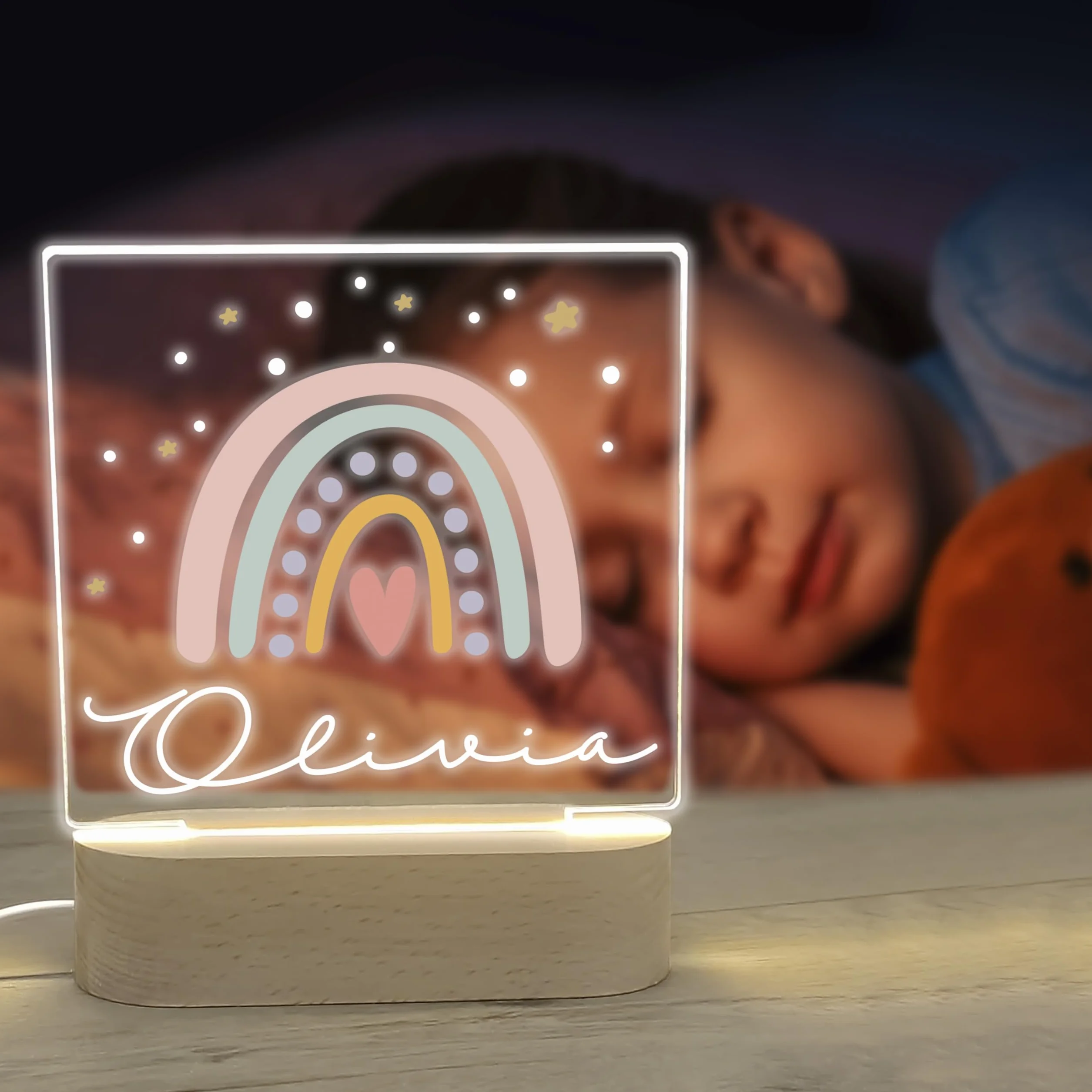 Lampara Quitamiedos Infantil Personalizada con Nombre Bebés Recien Nacidos de Metacrilato Acrilico Madera con Led Luz Nocturna Mesita Noche (Arcoiris)
