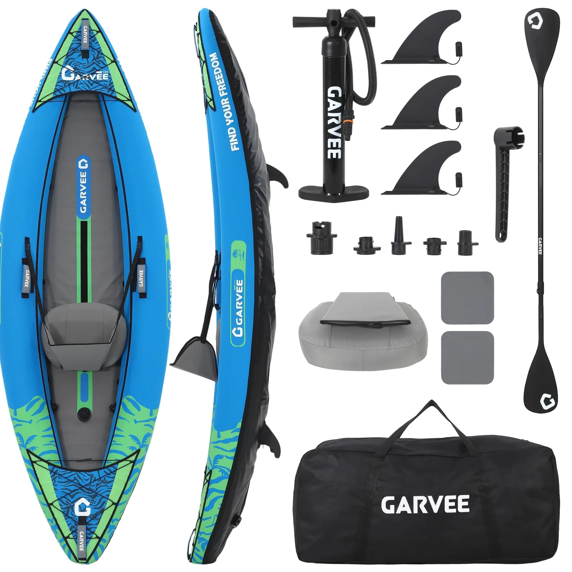 Kayak hinchable para 2 personas, casco de punto de caída, capacidad de carga de 450 Lbs, incluye remo, bomba, asientos y bolsa de transporte, resistente kayak de senderismo para mar, río y costa