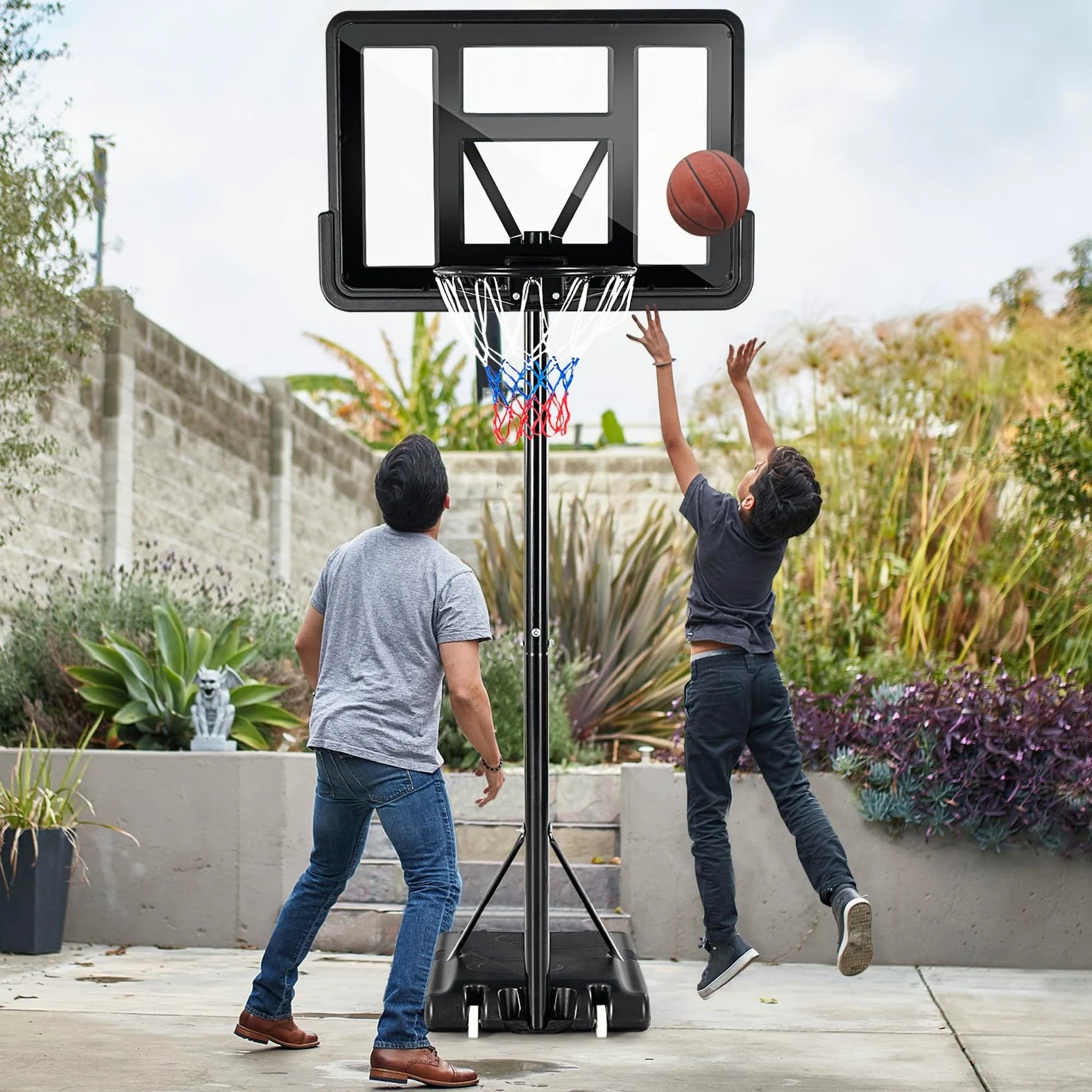 LIFEZEAL Canasta de Baloncesto al Aire Libre para Adolescentes y Adultos, Canasta de Baloncesto Portátil con Tablero y Red, Altura Ajustable de 1,3M a 3,05M
