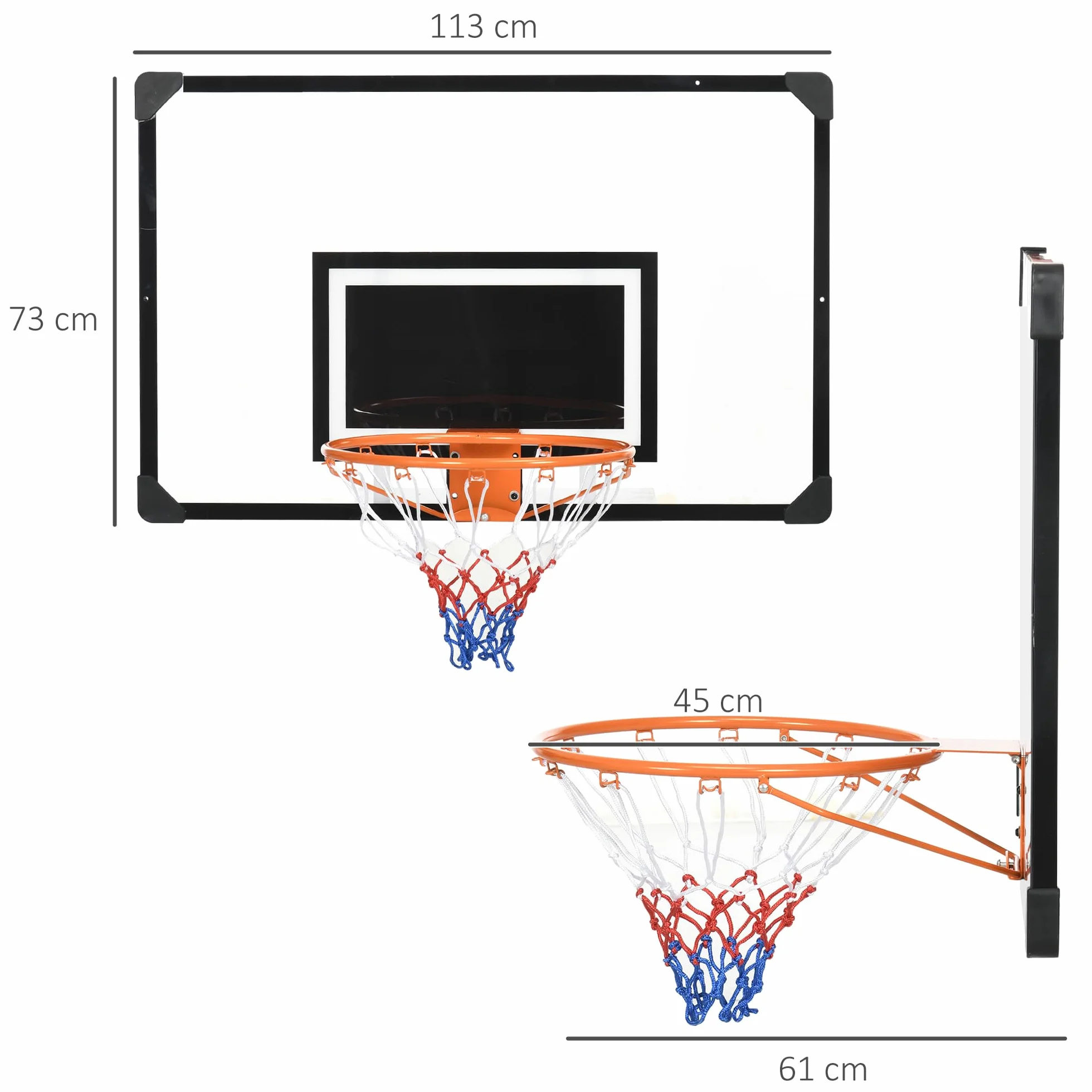SPORTNOW Canasta de Baloncesto de Pared con Red y Marco de Acero 113x61x73 cm Negro