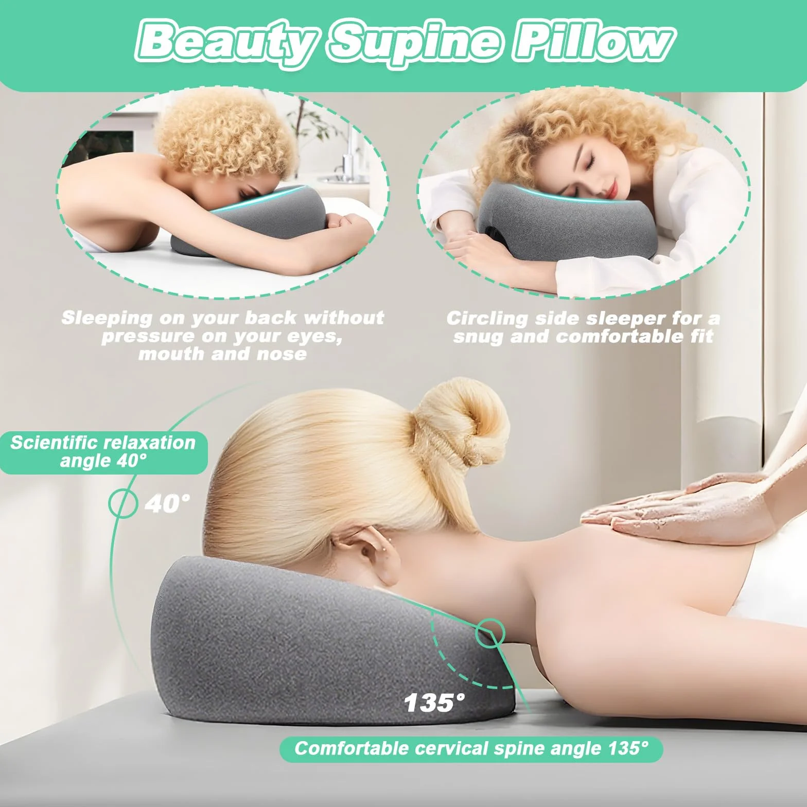 Almohada de Masaje Boca Abajo, Reposacabezas de Espuma Viscoelástica en Forma de U para Cama, Spa