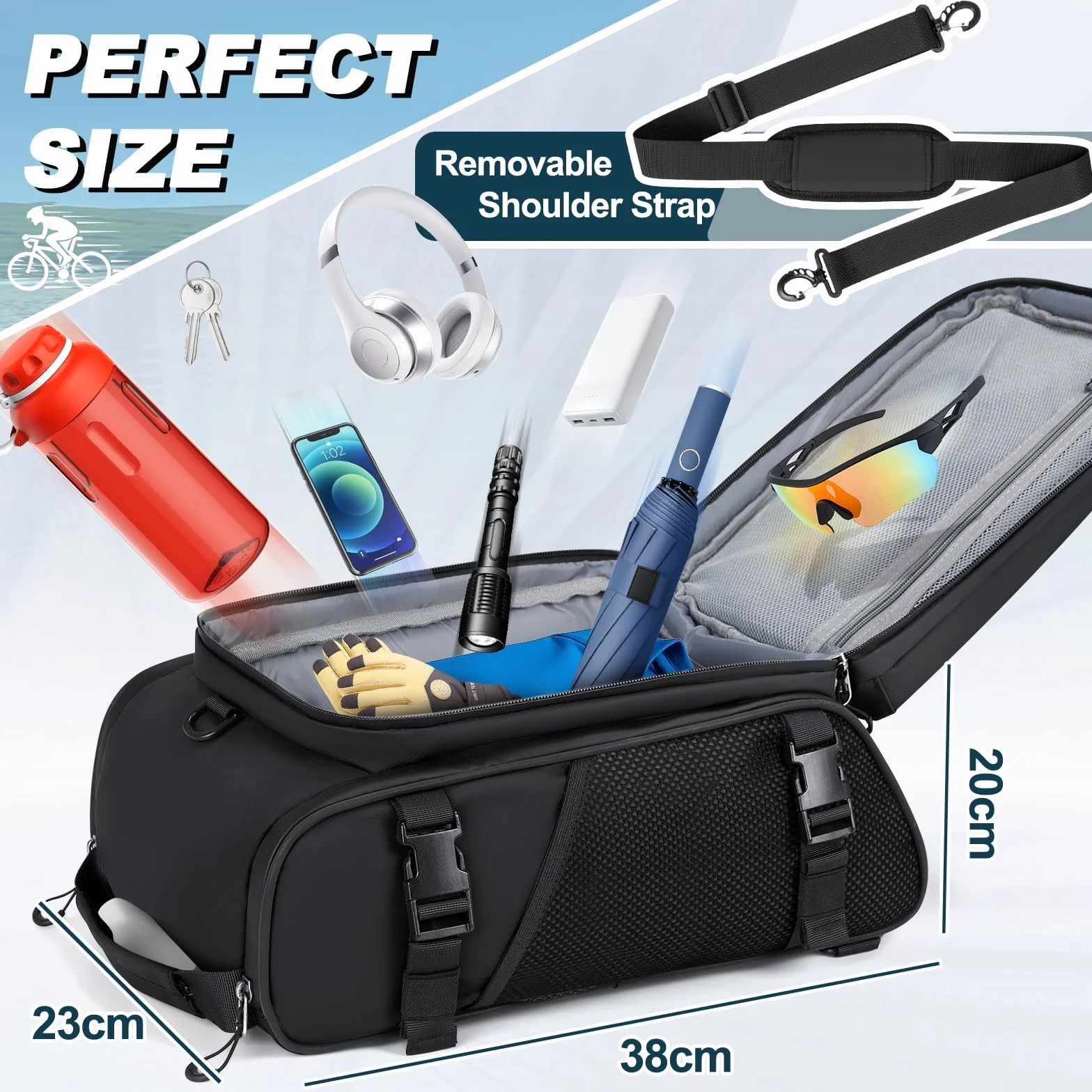 RAINSMORE 3 en 1 Alforjas Bicicleta 15L Bolsa Trasera con Cubierta de Lluvia y Bandolera, Impermeable y Reflectante, como Maleta Bicicleta,Bolso Bandolera