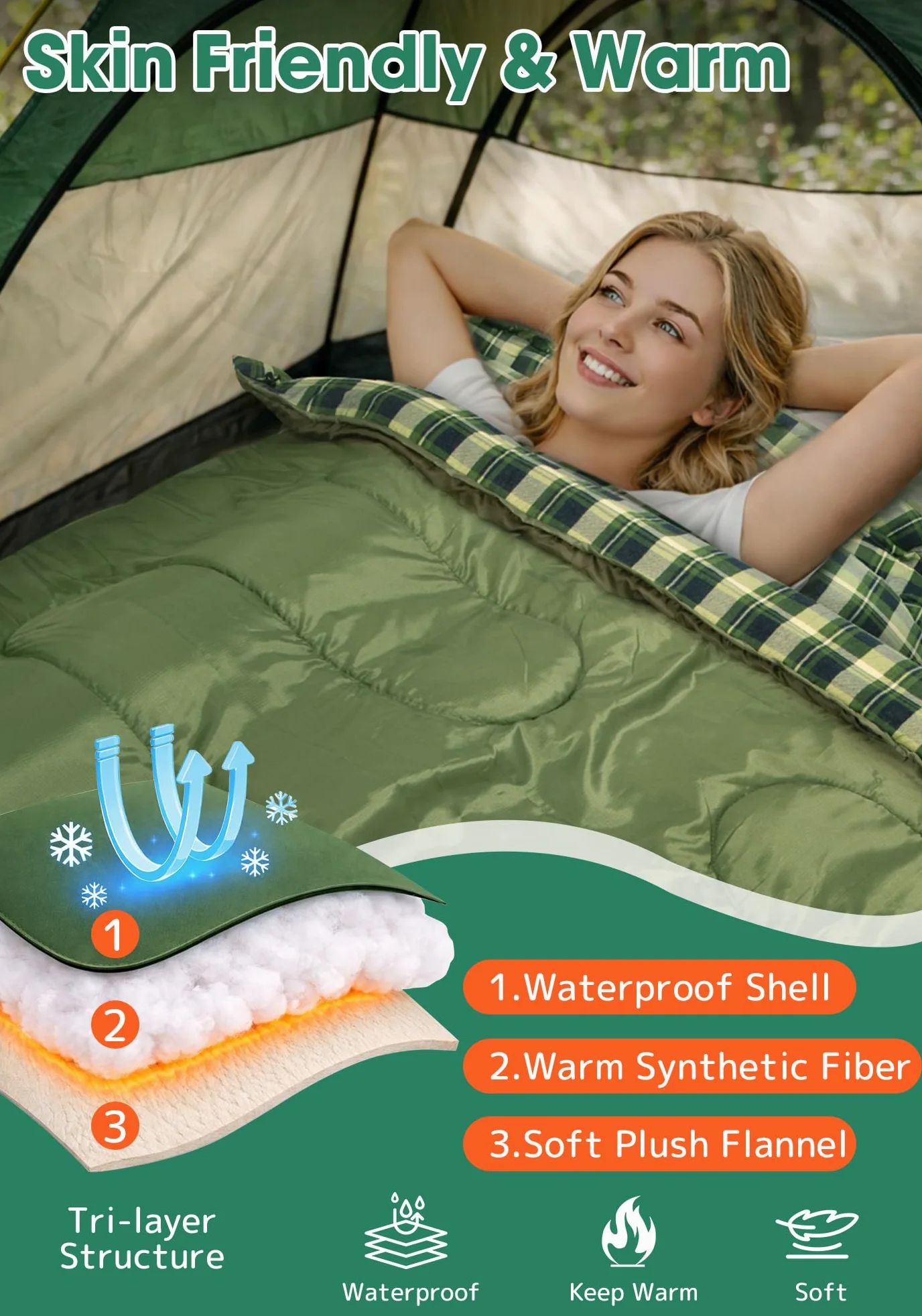 Saco de Dormir Doble de Franela de algodón con 2 Almohadas para Adultos y niños, Camping, 3 Estaciones, Saco de Dormir para Dos Personas, Ligero, Impermeable, con Saco de compresión, tamaño