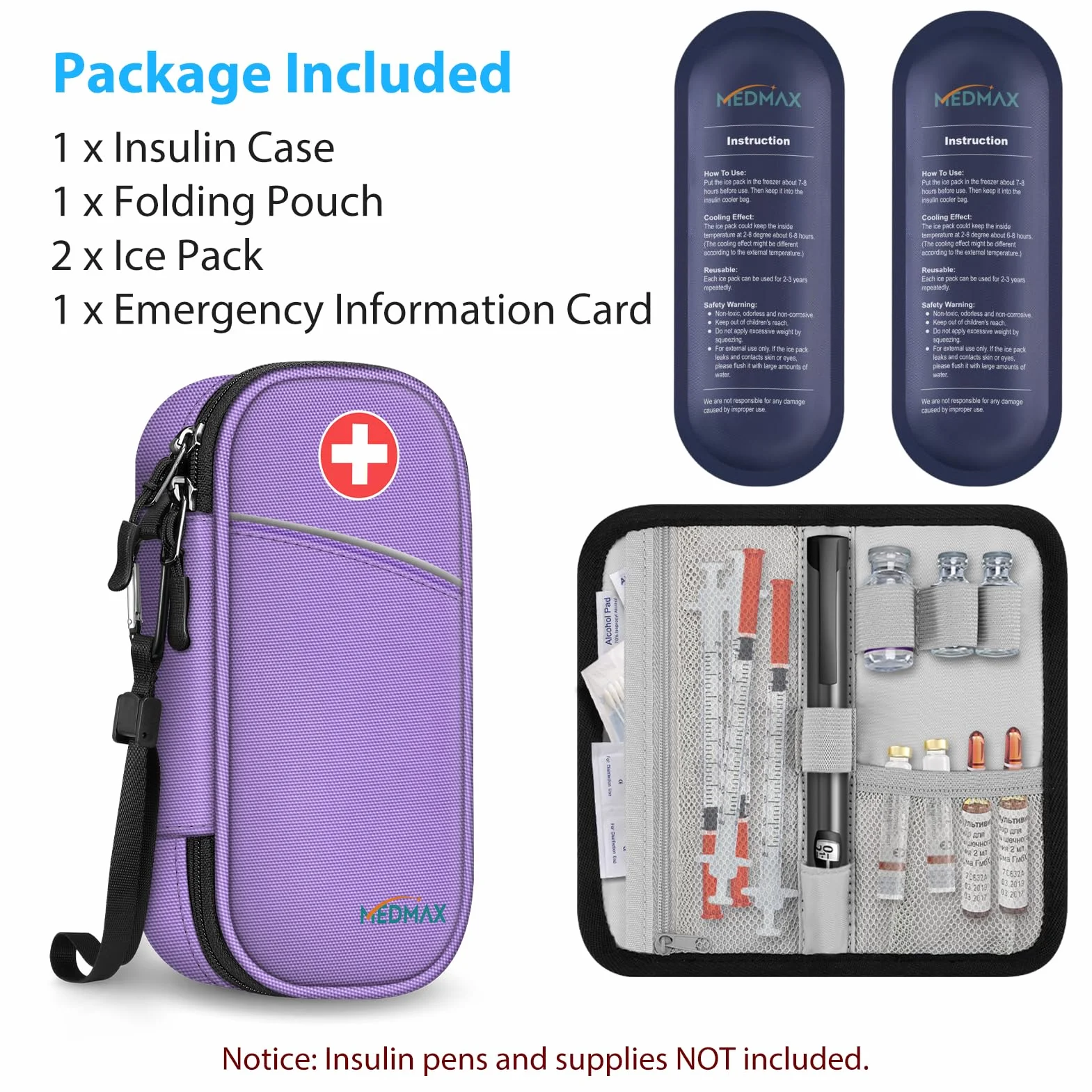 MEDMAX Enfriador Bolsa de Insulina 2 Paquetes de Hielo, Portátil Organizador de Medicamentos Aislado, Estuche para Bolígrafos de Insulina, Púrpura