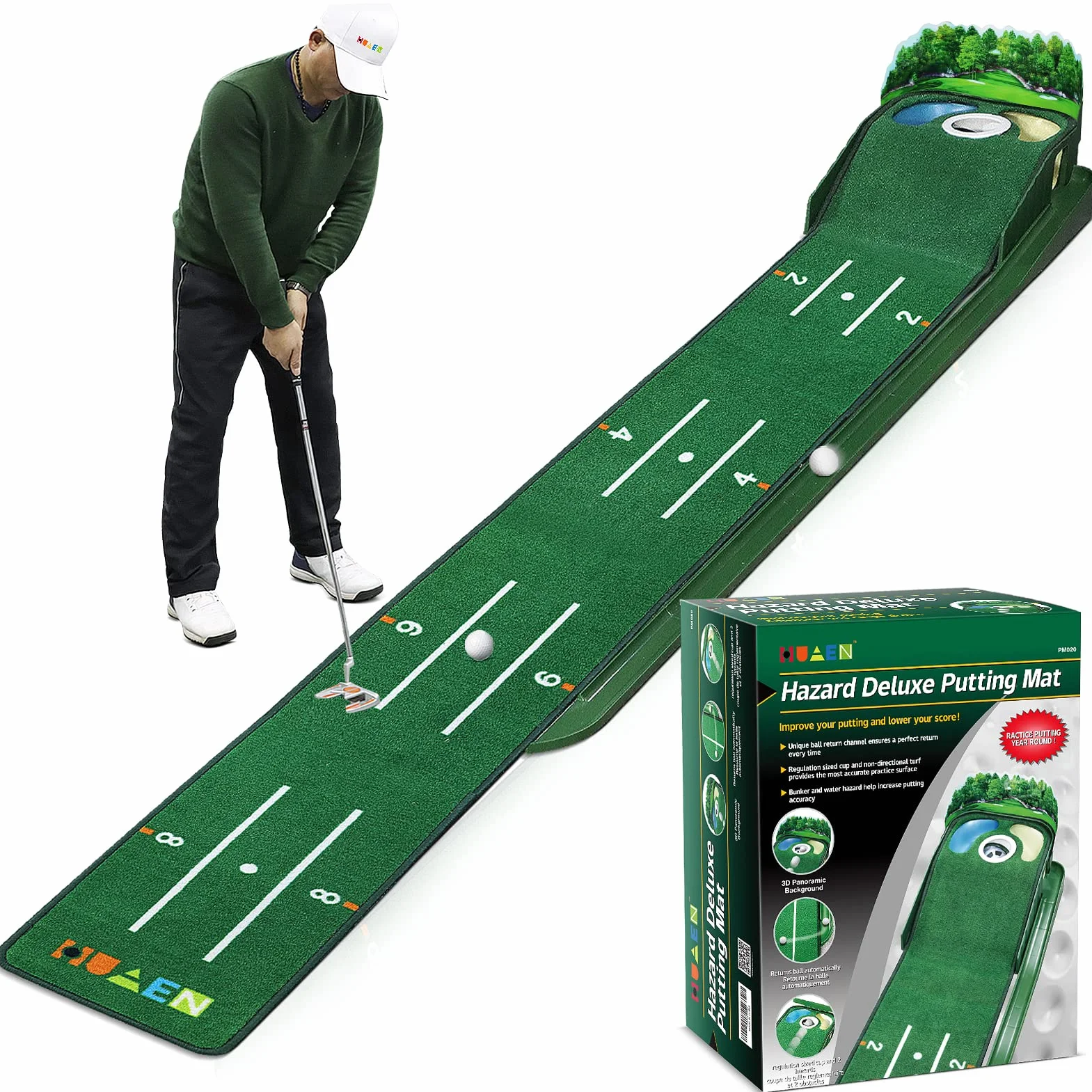 Golf Putting Green Putting Mat Indoor & Outdoor with Ball Return and 3 Holes Improve Accuracy and Speed Durable Wrinkle-Resistant Velvet Crystal Mat Golf Accessories for Men