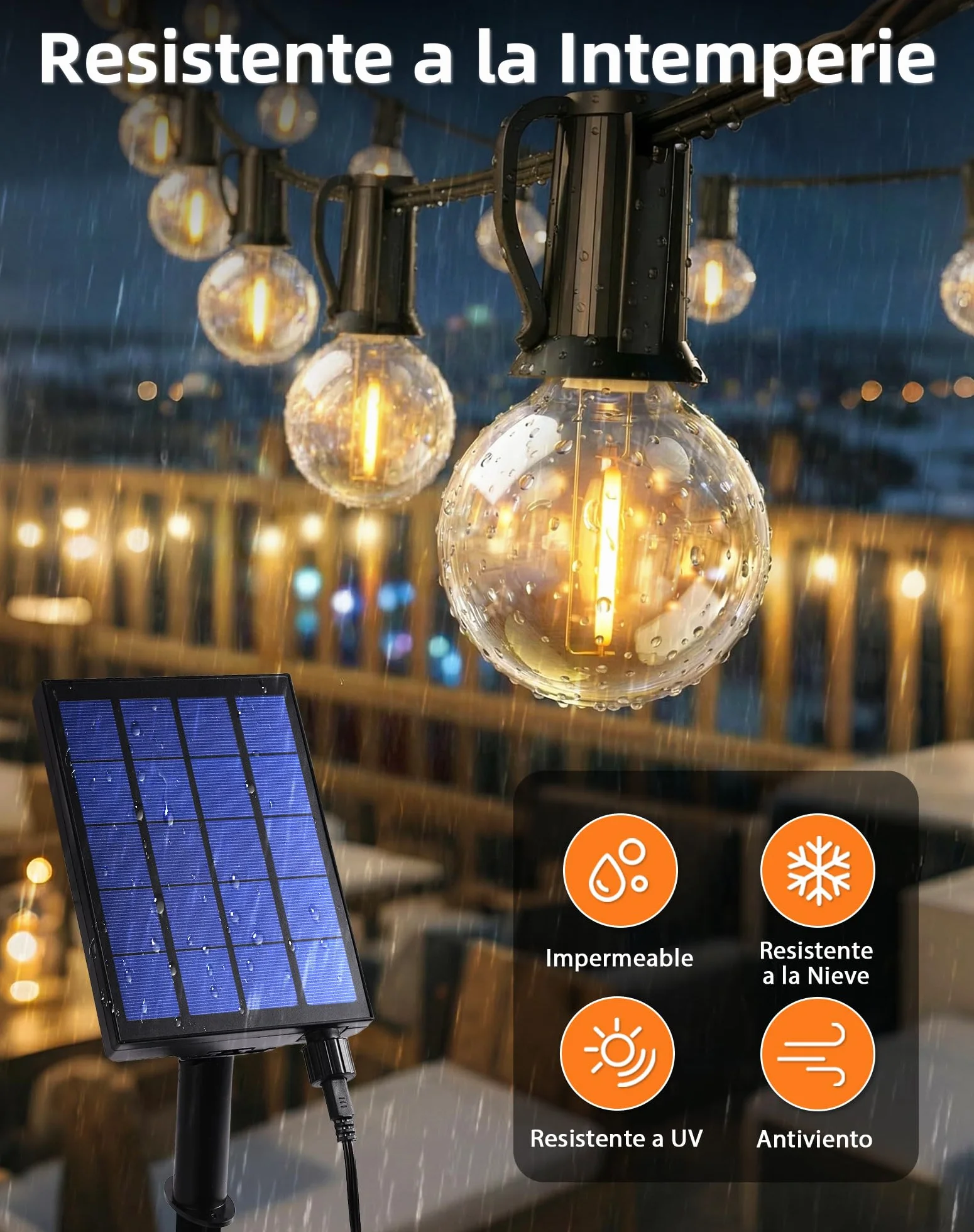 Guirnaldas Luces Exterior Solar 15M 25+3 LED G40 Impermeable IP44 3600 mAh 8 Modos Control Remoto
