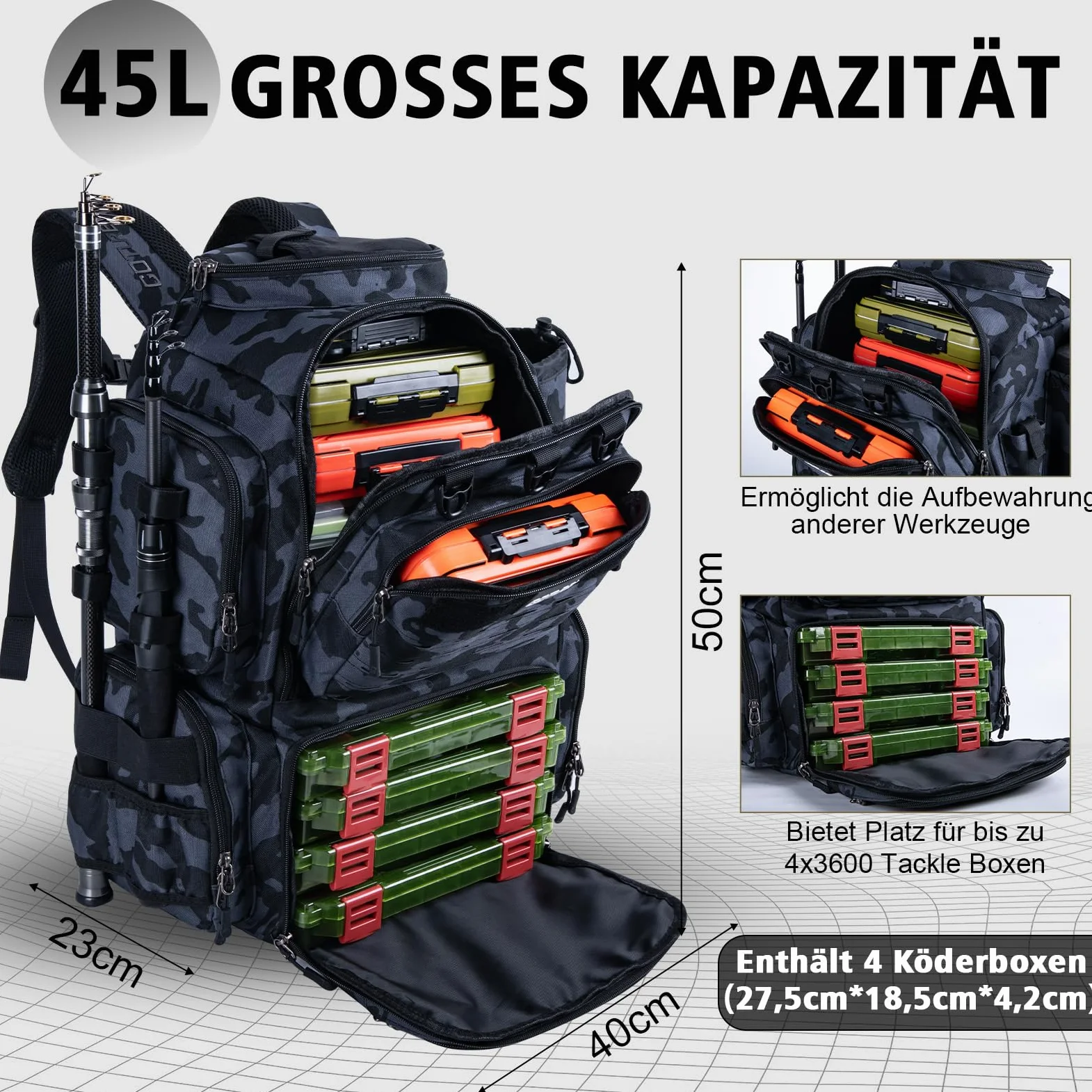 Goture Mochila de pesca con 4 cajas de cebo de pesca, mochila de 45 litros con dos soportes para cañas y protector de lluvia, tela Oxford 900D, bolsa impermeable para aparejos de pesca con